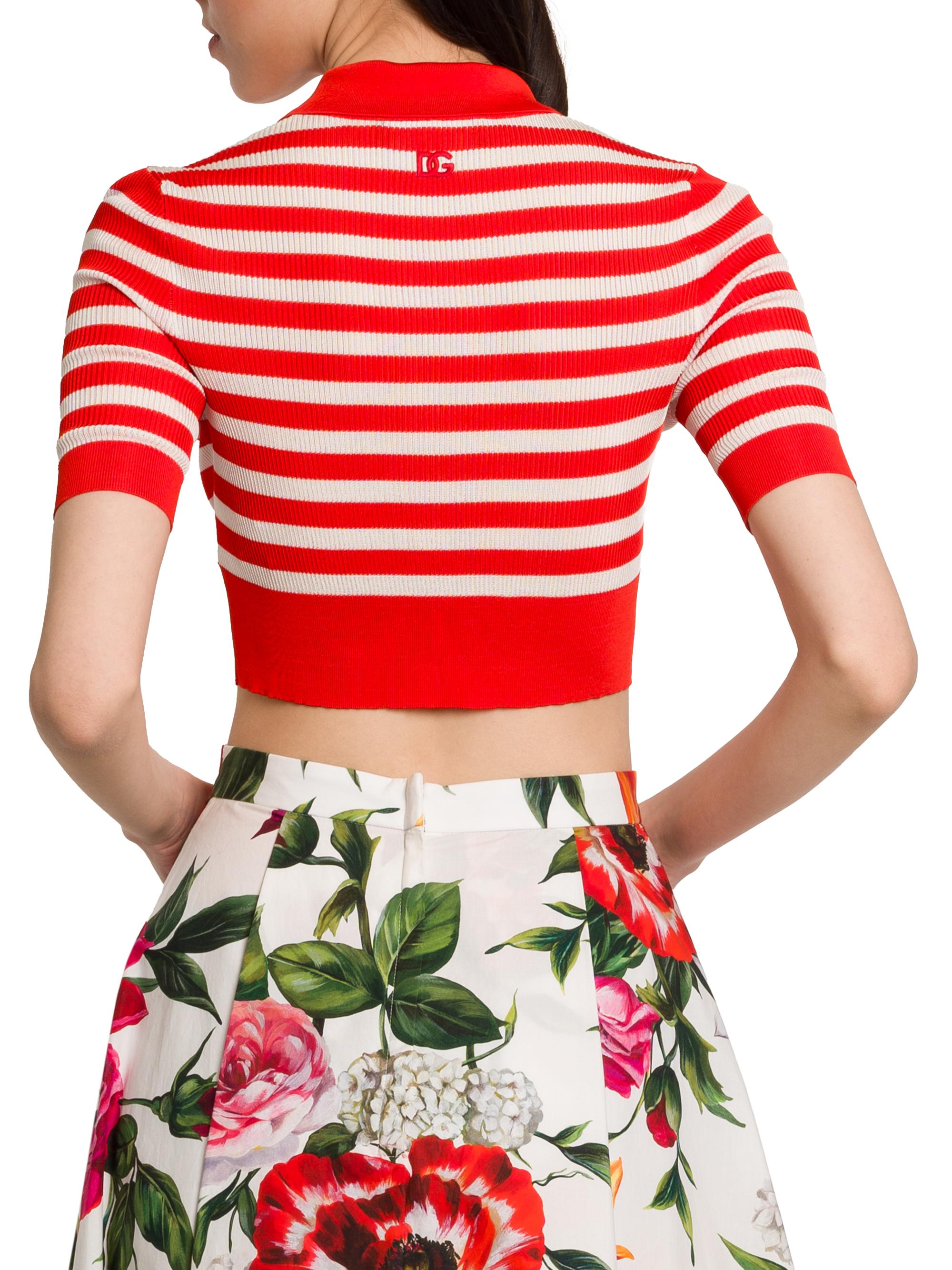 Dolce&Gabbana Rafia Fiori Striped Knit Cropped Polo Top | Saks