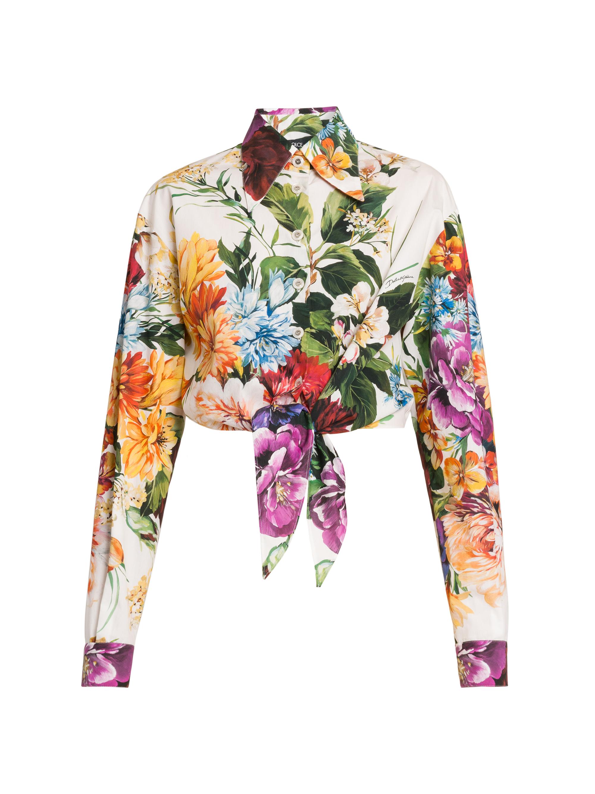 Dolce & Gabbana Women's Rafia Fiori Tie-Front Cropped Shirt - White Print Flower