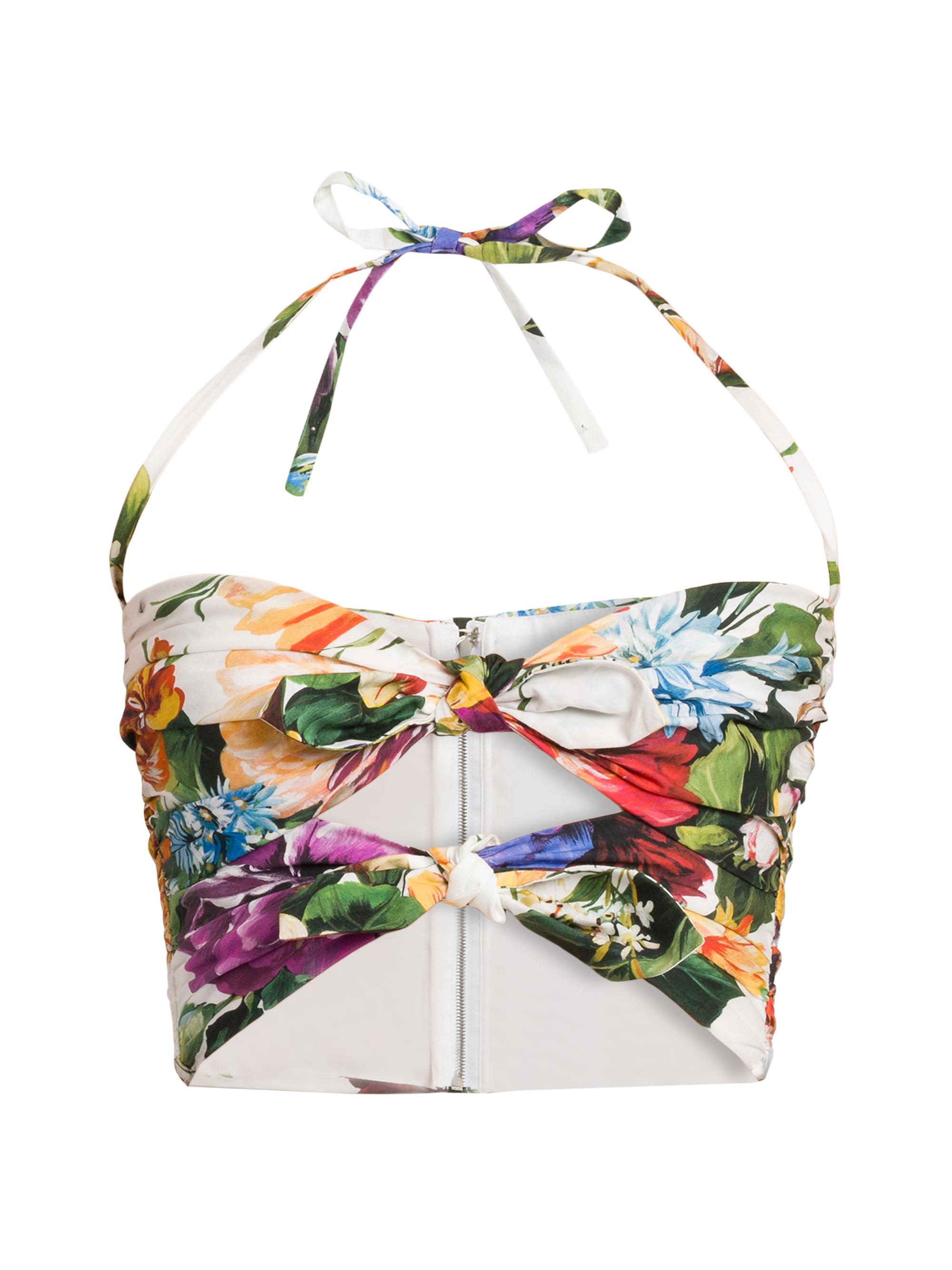 Dolce & Gabbana Women's Rafia Fiori Floral Bow Cut-Out Cropped Top - White Print Flower