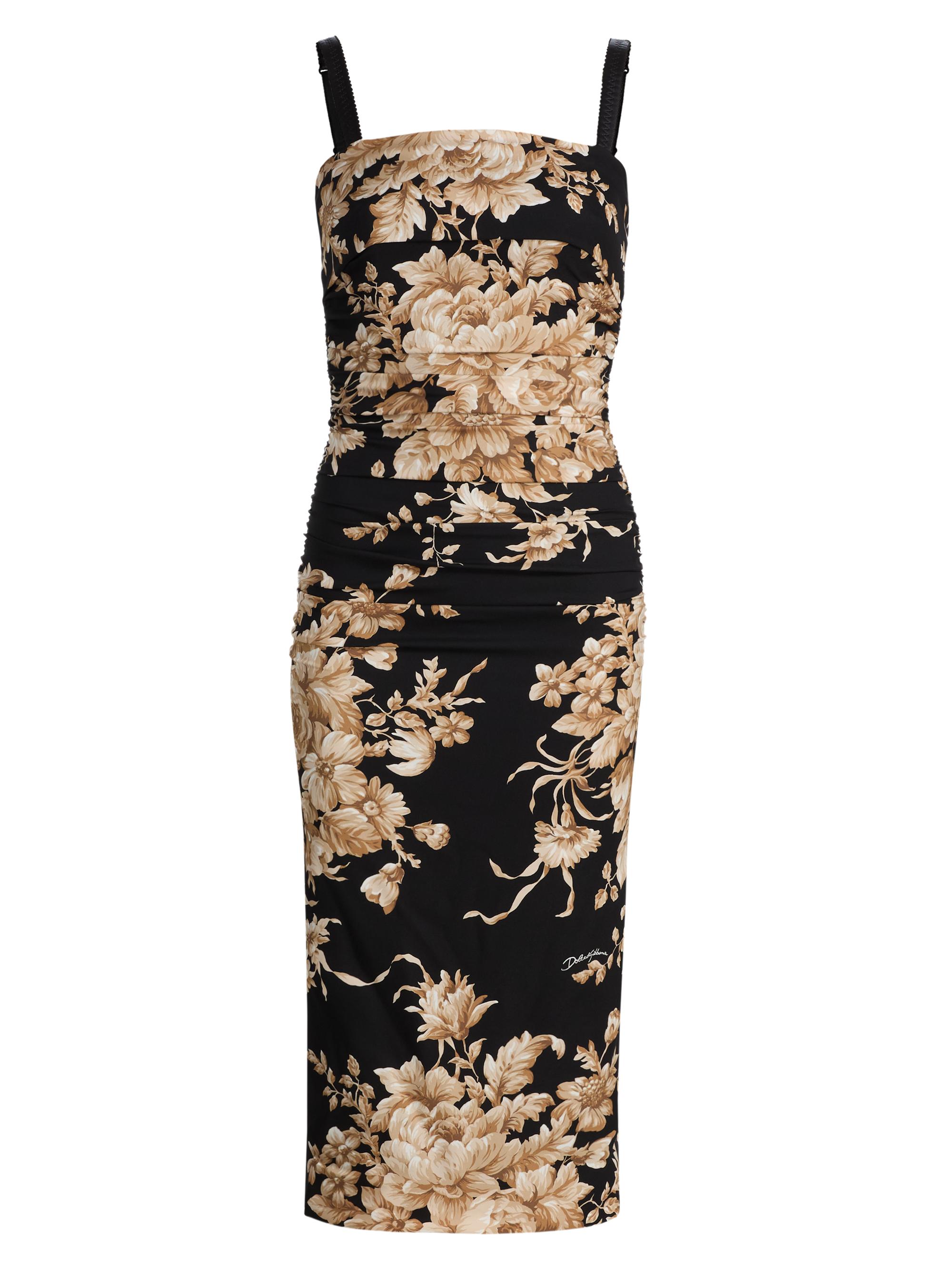 Dolce & Gabbana Women's Rose-Print Gathered Stretch-Silk Midi-Dress - Black Print Rose