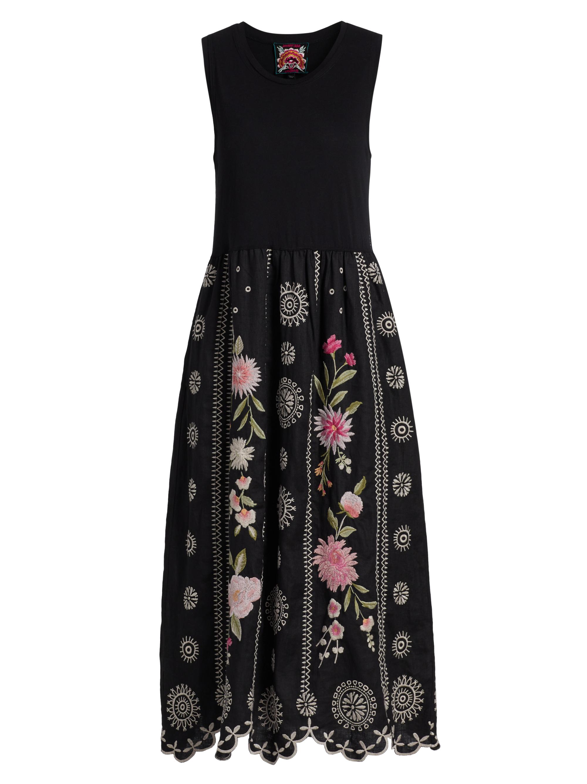 Johnny Was Della Floral-Embroidered Linen Mixed-Media Midi-Dress
