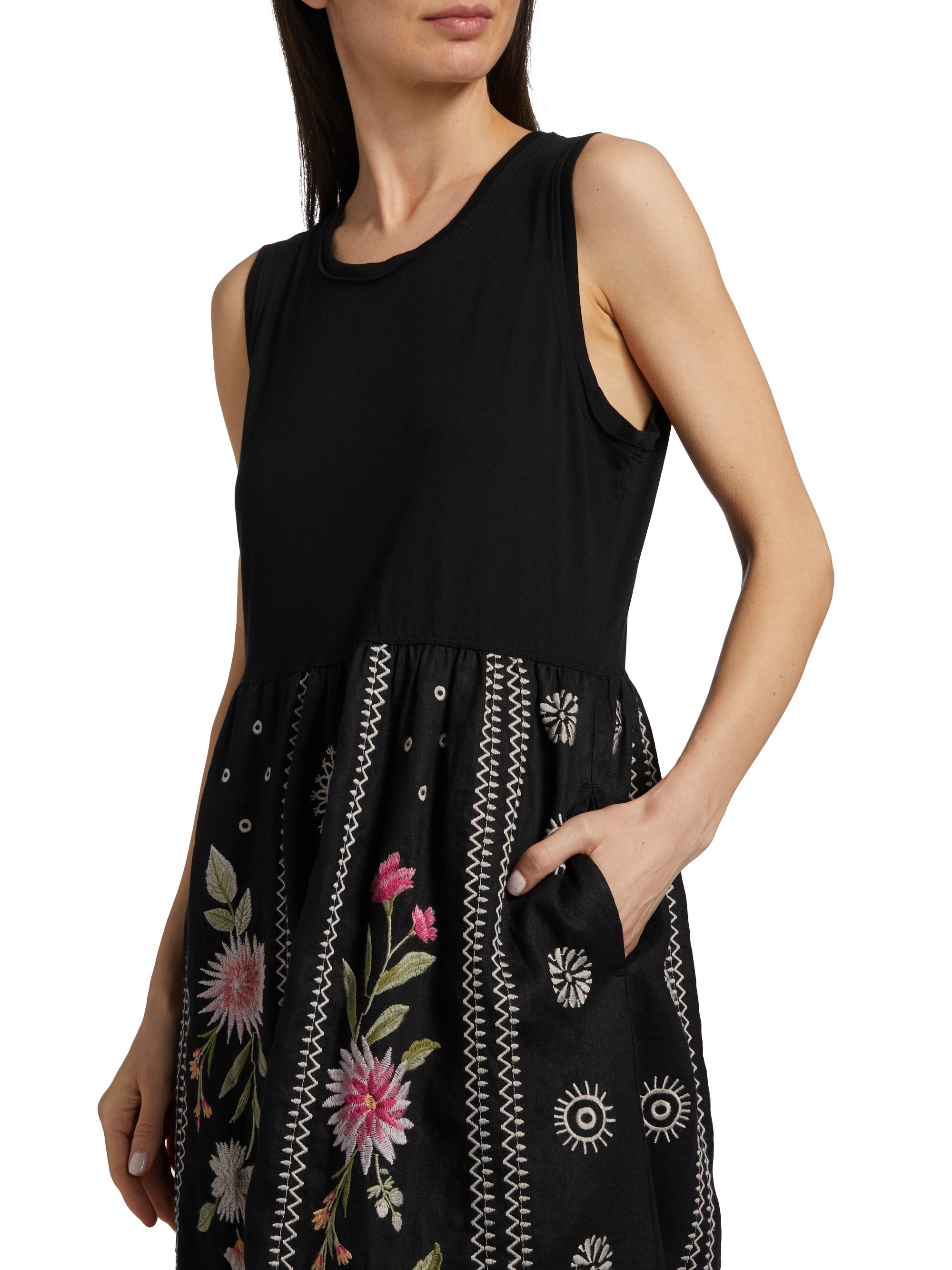 Johnny Was Della Floral-Embroidered Linen Mixed-Media Midi-Dress