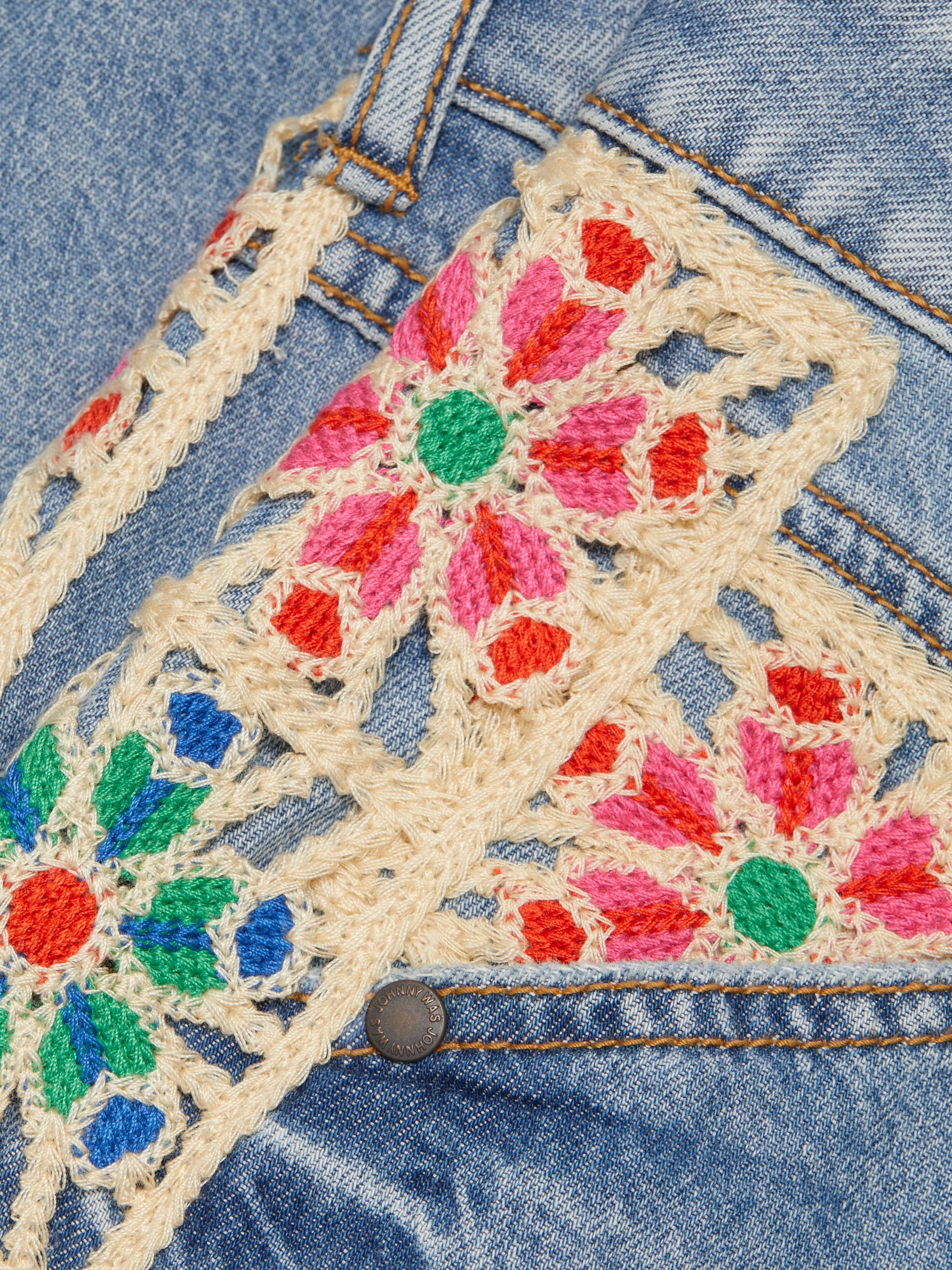 Johnny Was Morgann Floral-Embroidered Cotton Denim Midi-Skirt