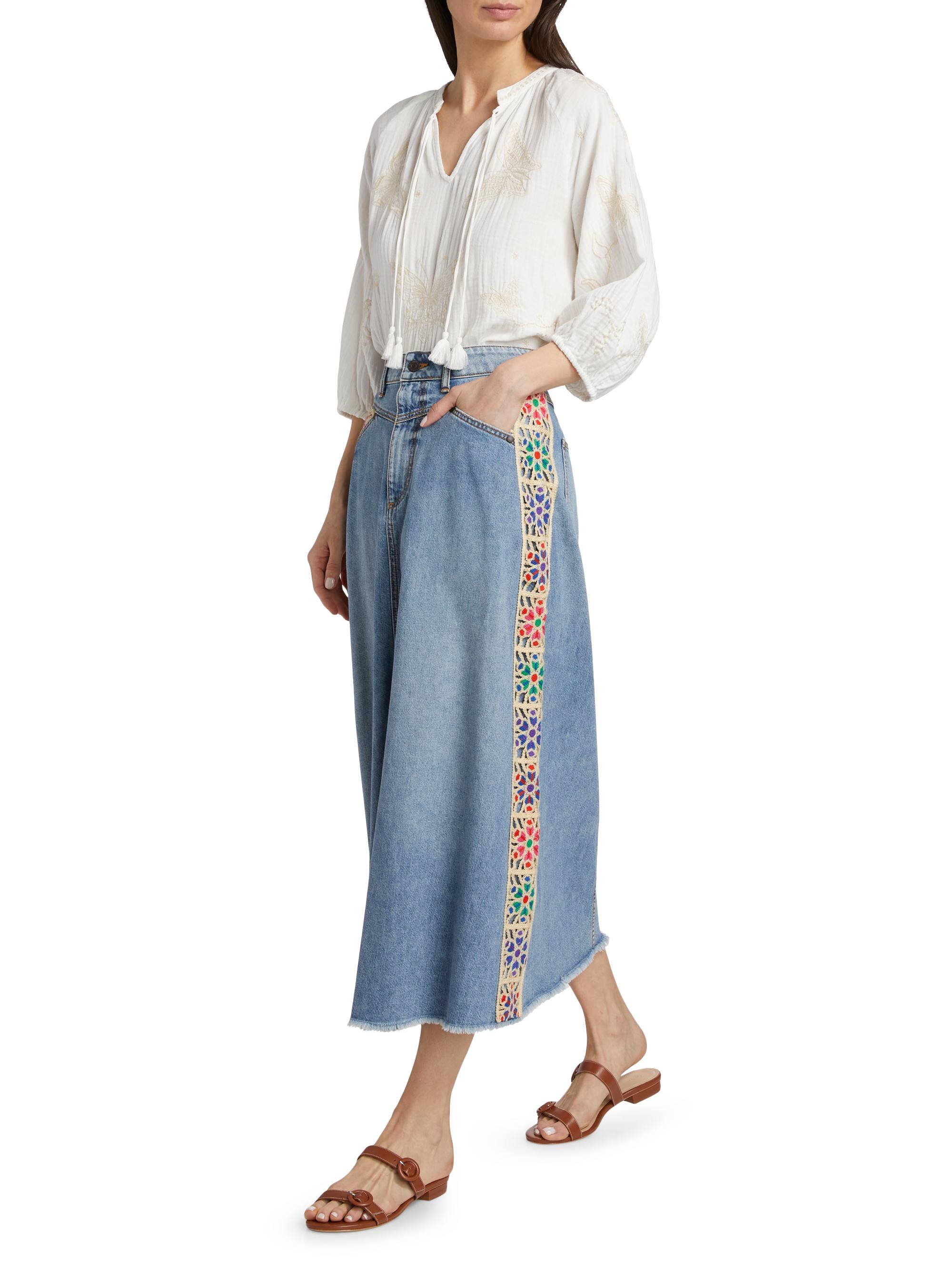 Johnny Was Morgann Floral-Embroidered Cotton Denim Midi-Skirt