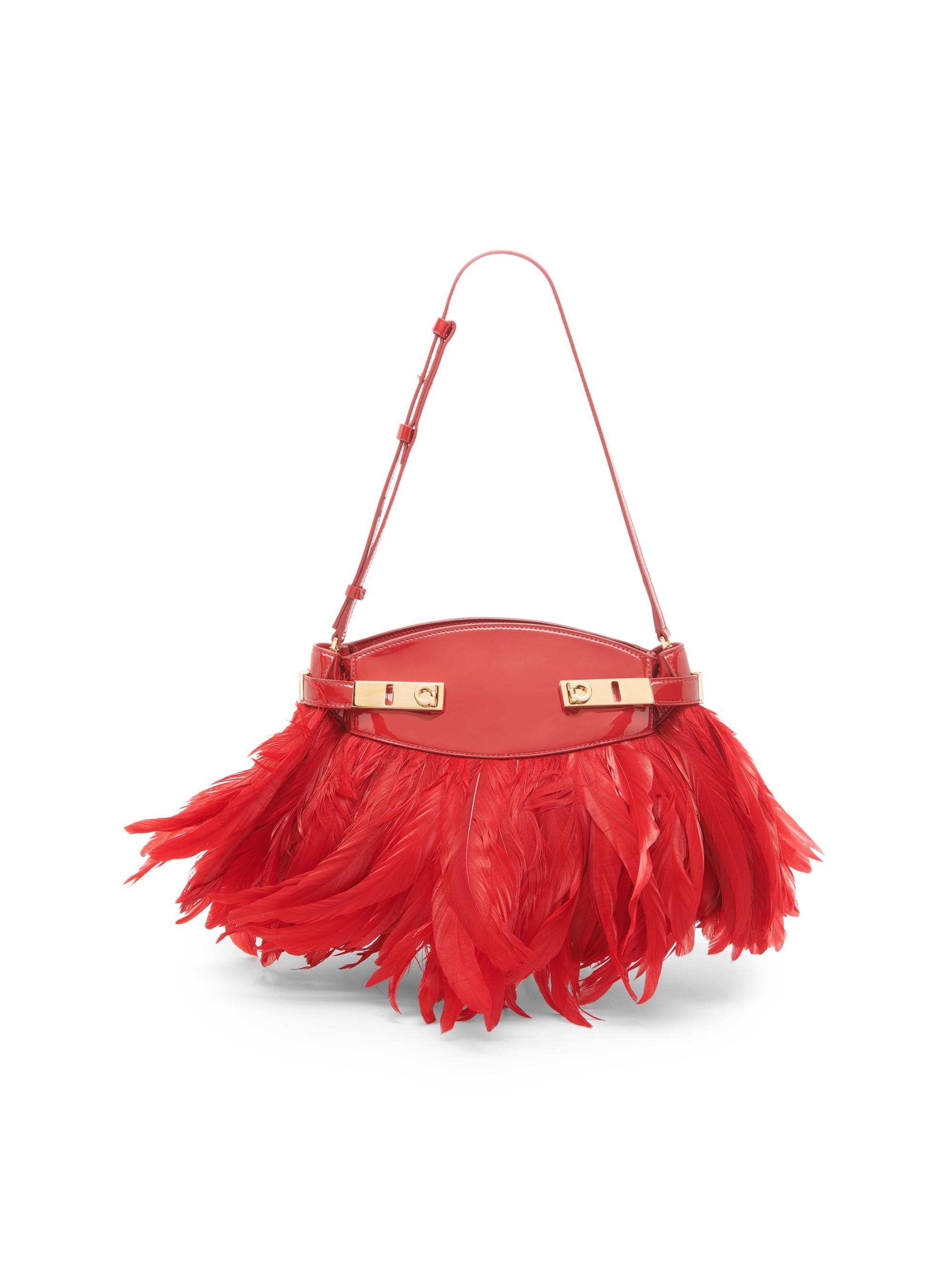 FERRAGAMO Women's Gancini Feather-Trimmed Leather Shoulder Bag - Rosso