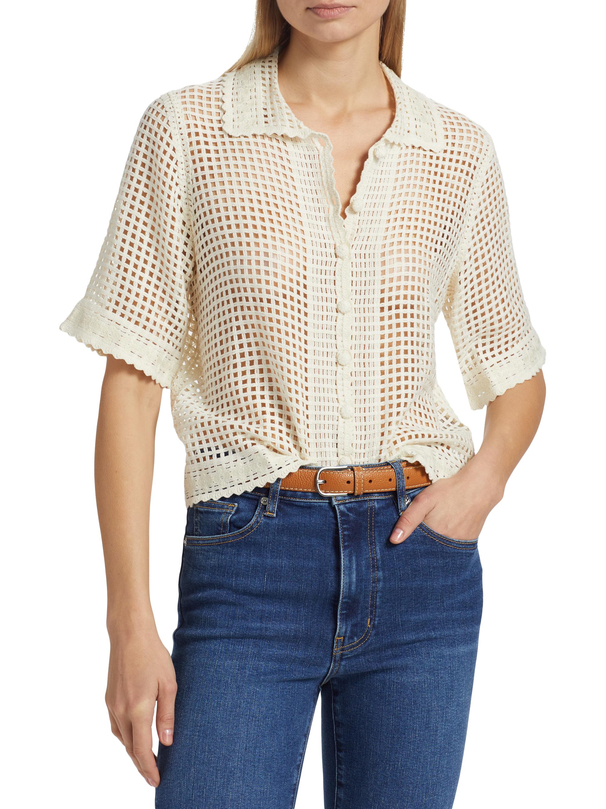 FRAME Women's The Crochet Short-Sleeve Top - Cream | Thumbnail 3