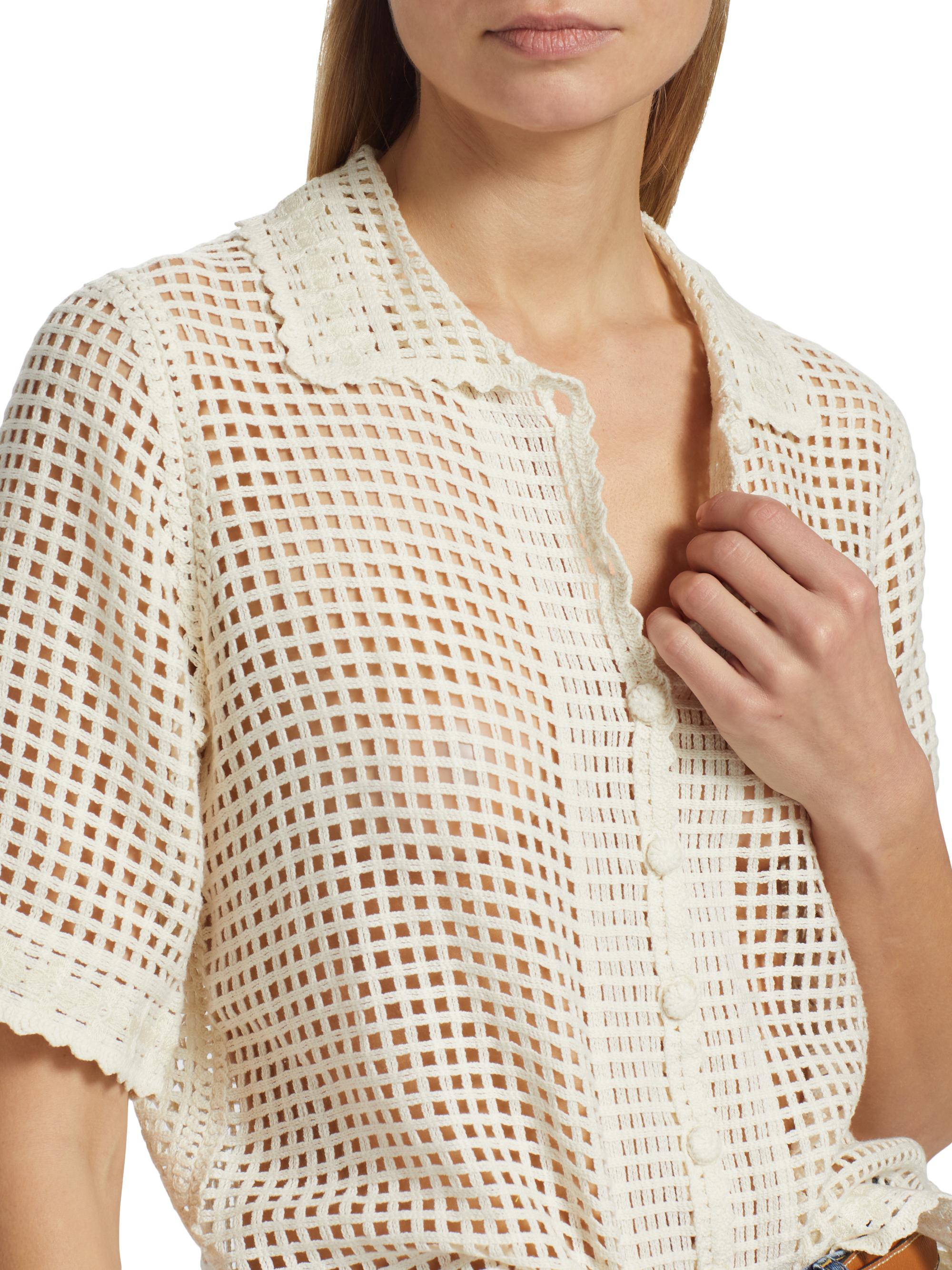 FRAME Women's The Crochet Short-Sleeve Top - Cream | Thumbnail 6