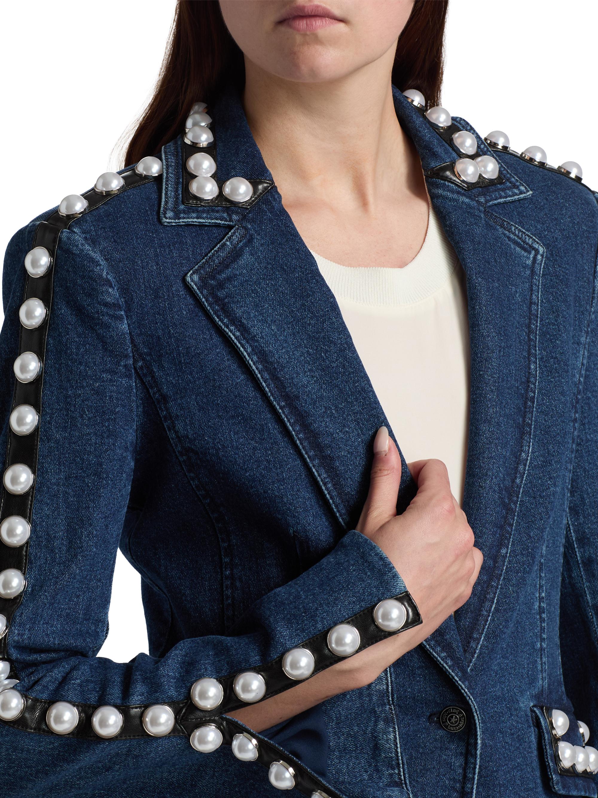 Cinq à Sept Milly Imitation Pearl-Embellished Denim Blazer | Saks