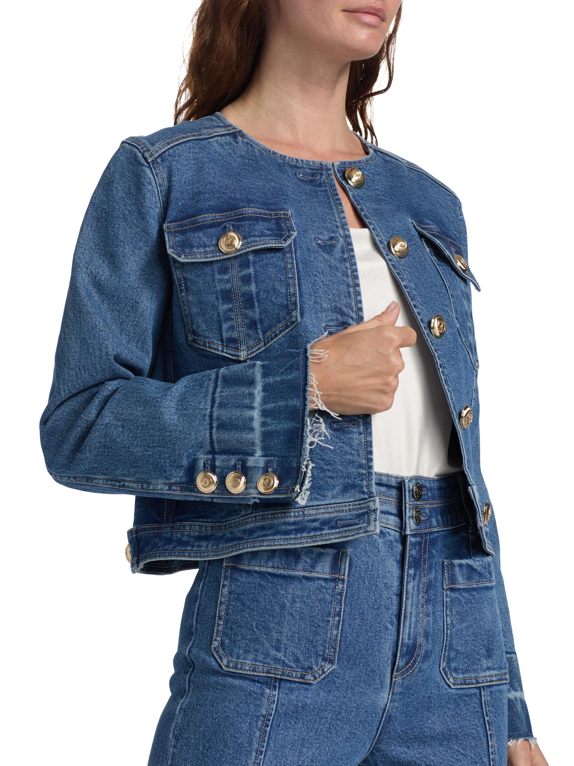 FRANZIUS NO HOOD ジャケット 青系チェック Cinq à Sept Travis Collarless Denim Jacket | Saks Fifth Avenue