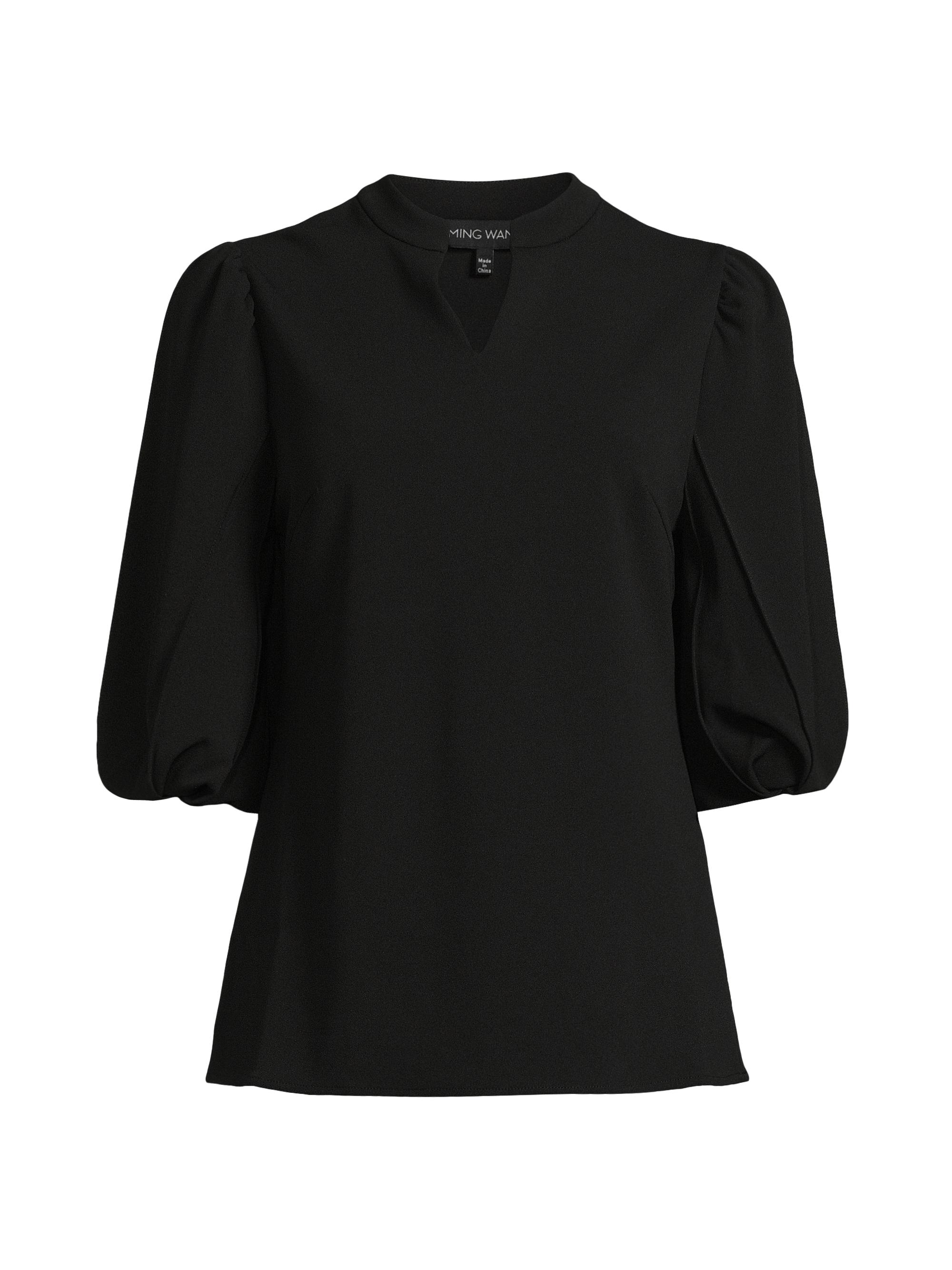 Ming Wang Women's Deco Crépe Puff-Sleeve Blouse - Black