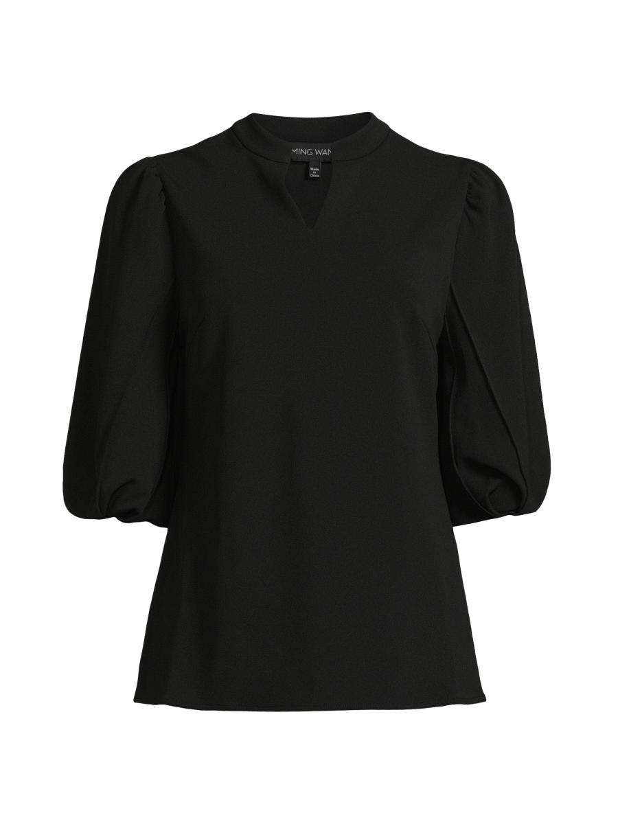 Ming Wang Women's Deco Crépe Puff-sleeve Blouse In Black