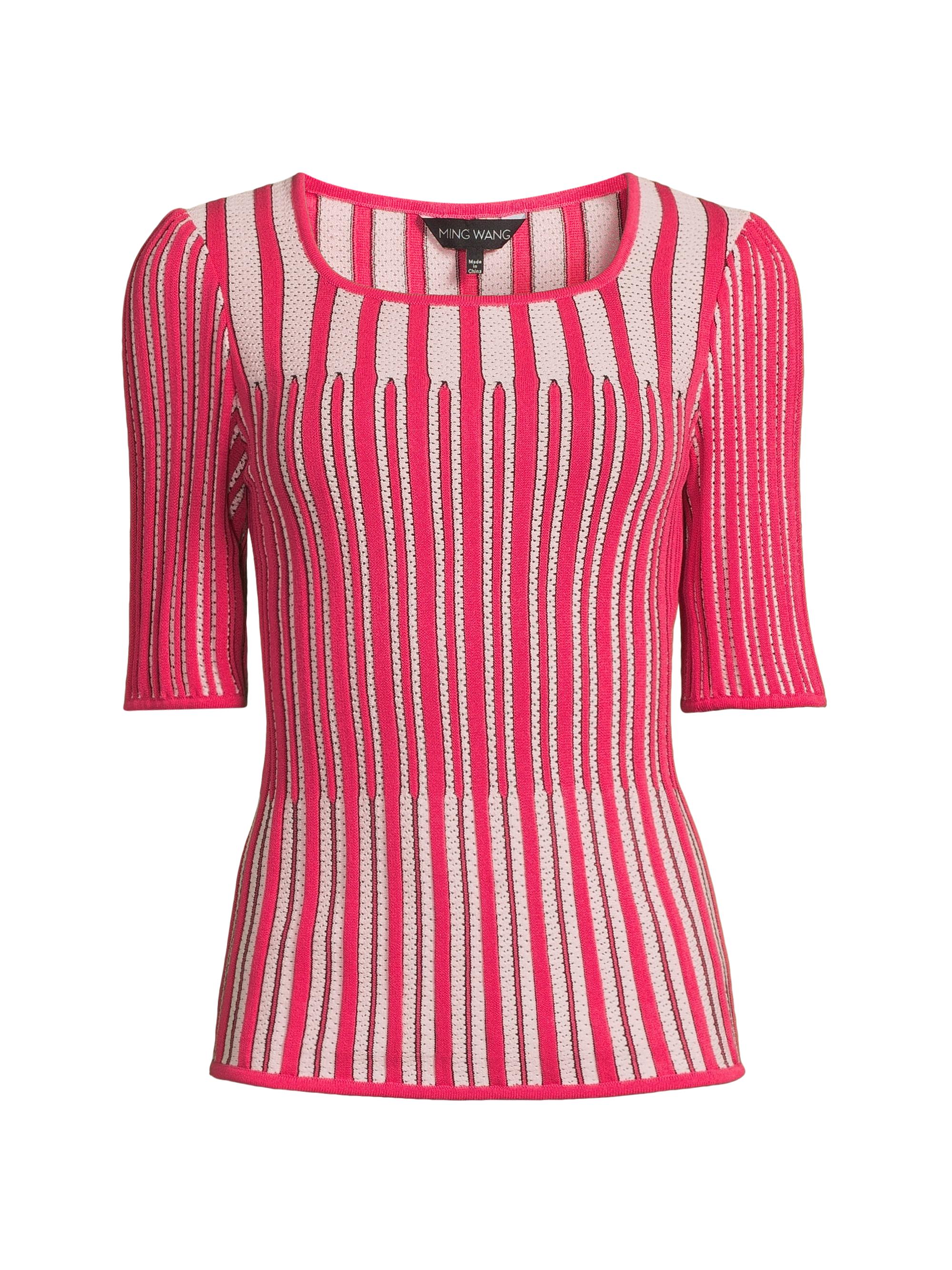 Ming Wang Women's Rib-Knit Squareneck Top - Vibrant Fuschia Rosy Blush
