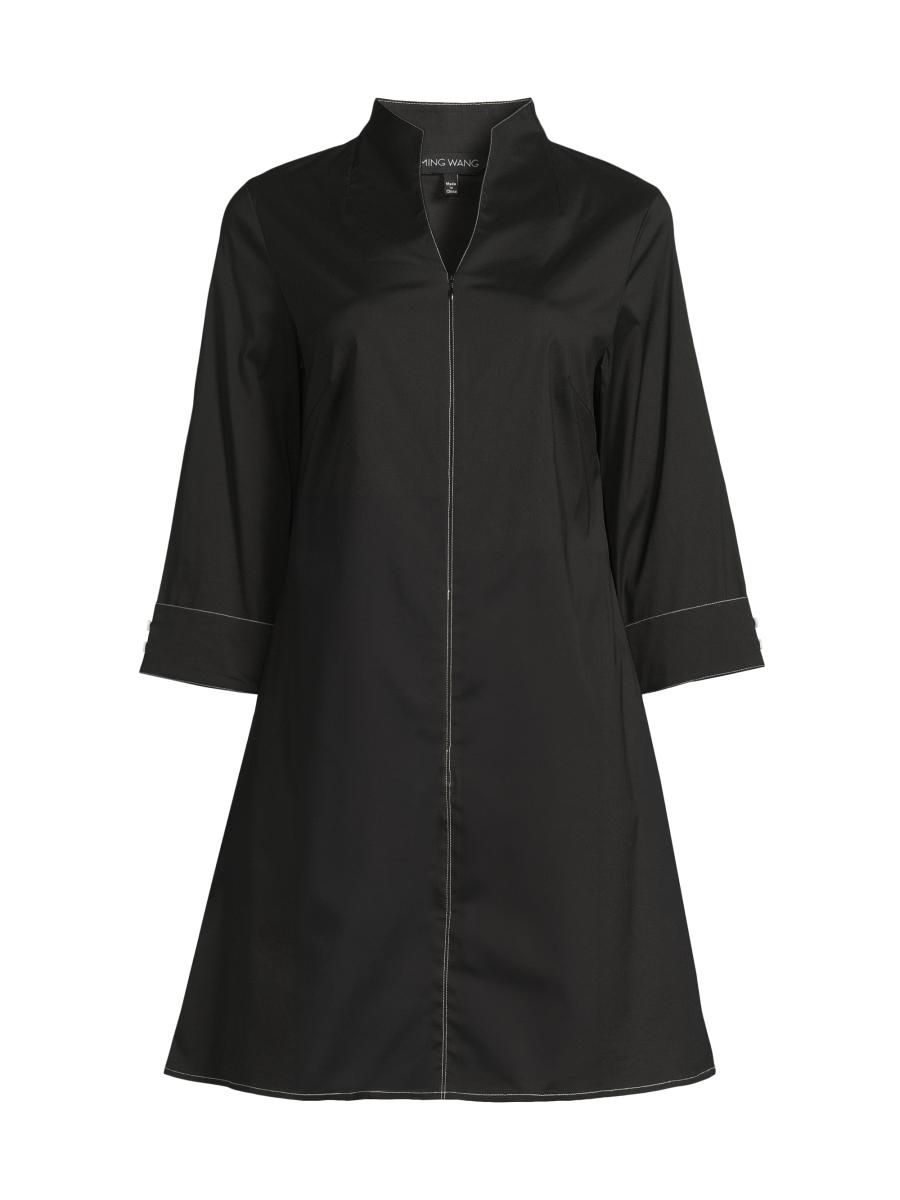 Ming Wang Women's Zip-front Stretch Cotton Shirtdress In Black White