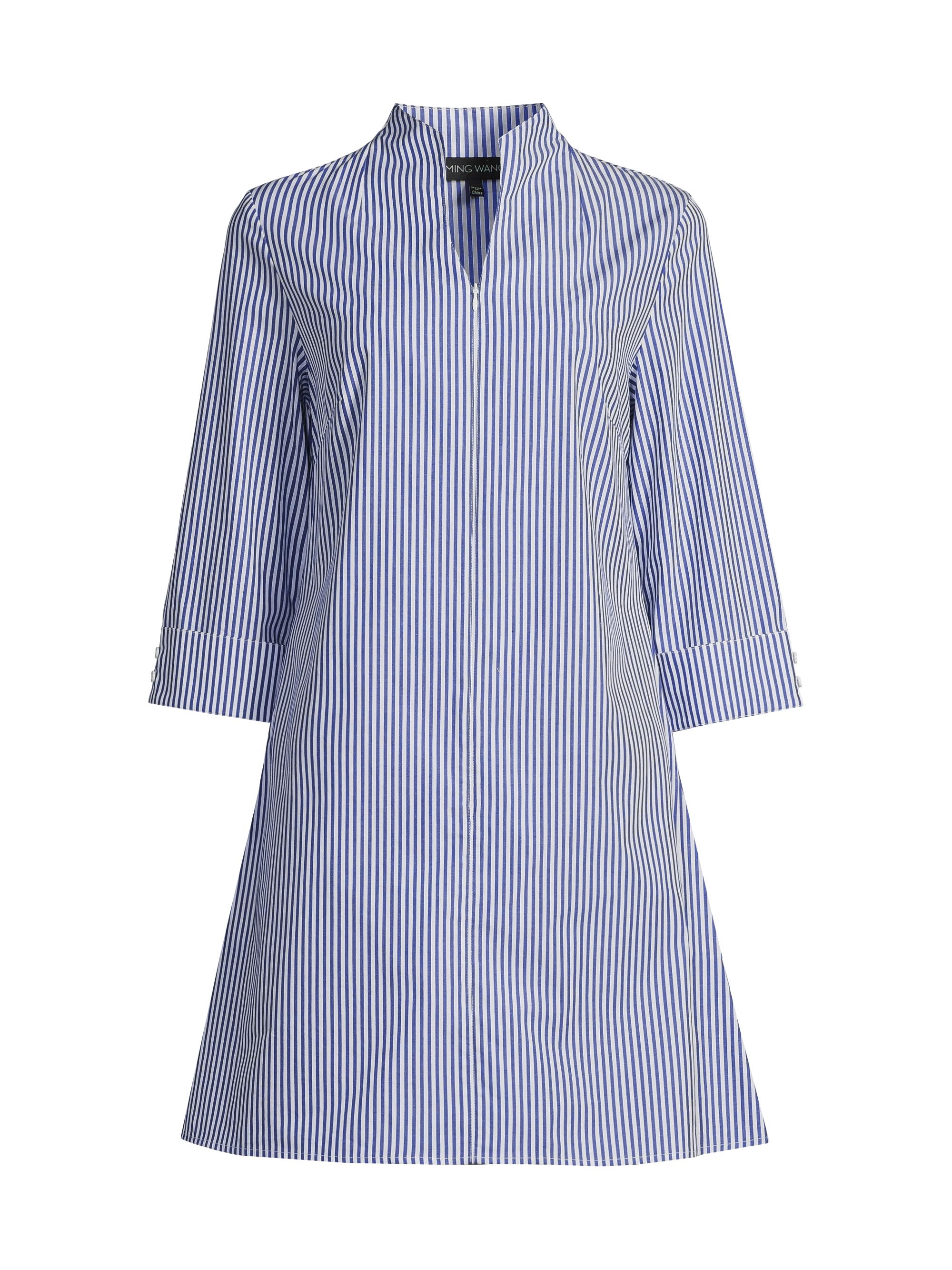 Ming Wang Women's Zip-Front Stretch Cotton Shirtdress - Sapphire Sea White