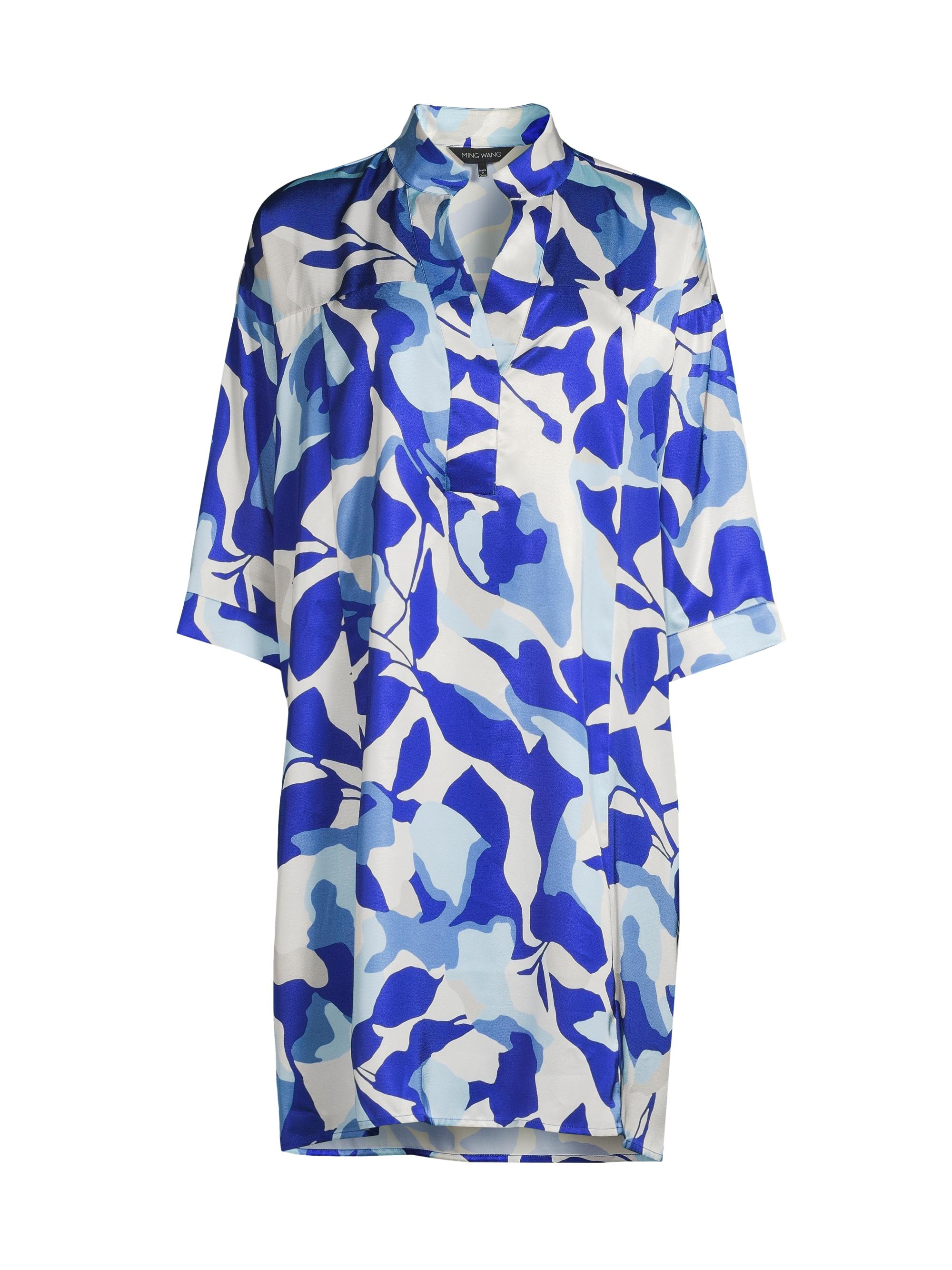 Ming Wang Women's Floral Crepe de Chine Shirt Dress - Sapphire Sea Dawn Lunar Rock