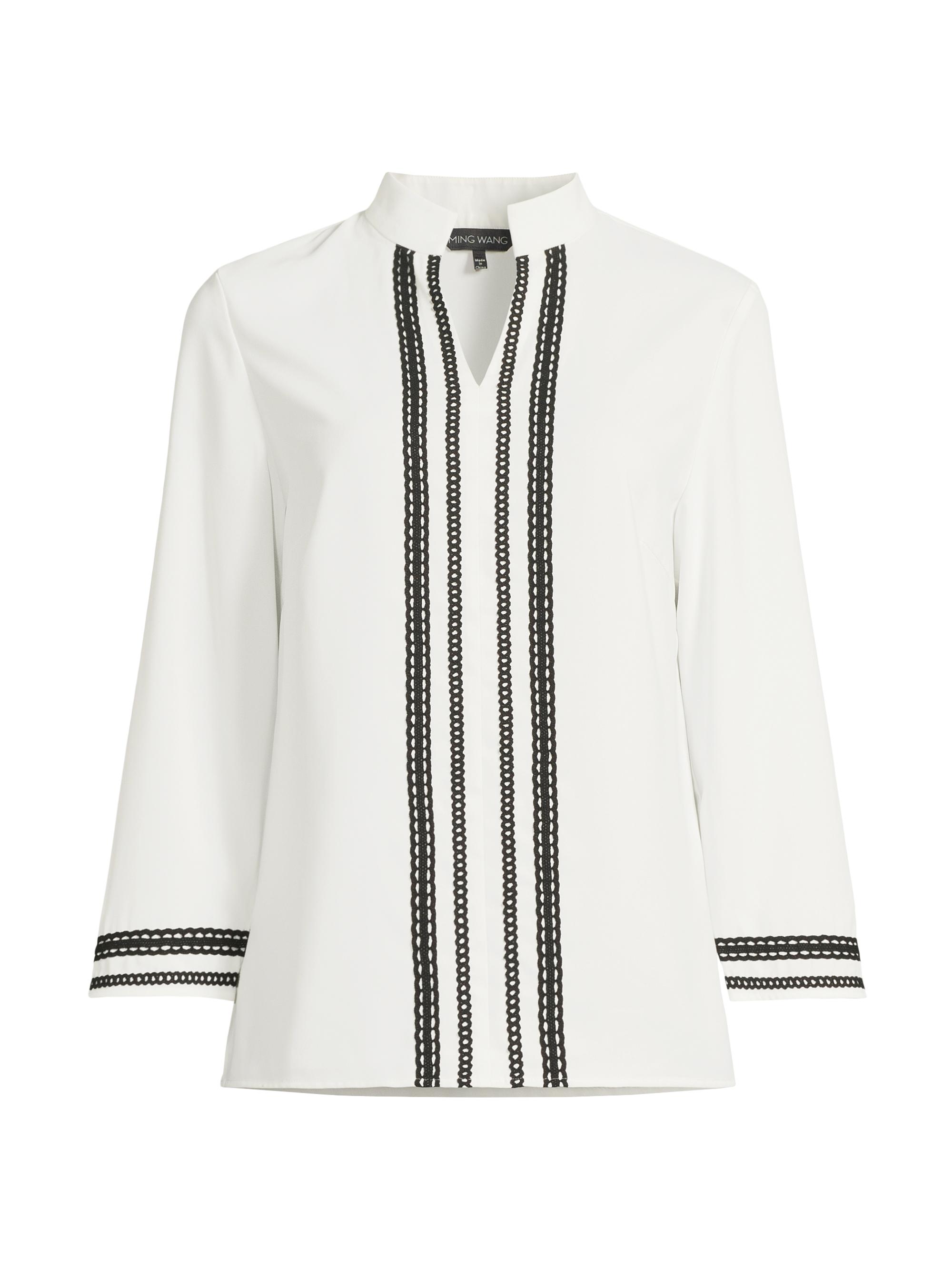Ming Wang Women's Ribbon Trim Crepe Blouse - White Black
