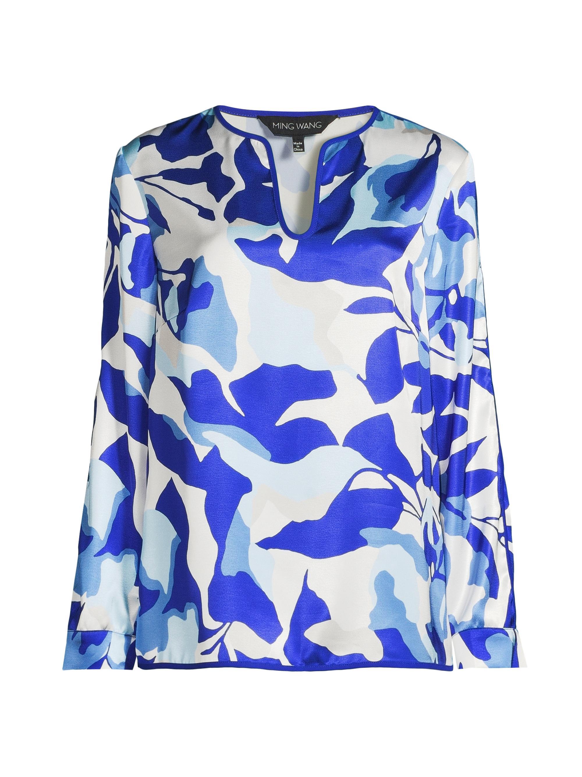 Ming Wang Women's Floral Crepe de Chine Blouse - Sapphire Sea Dawn Lunar Rock
