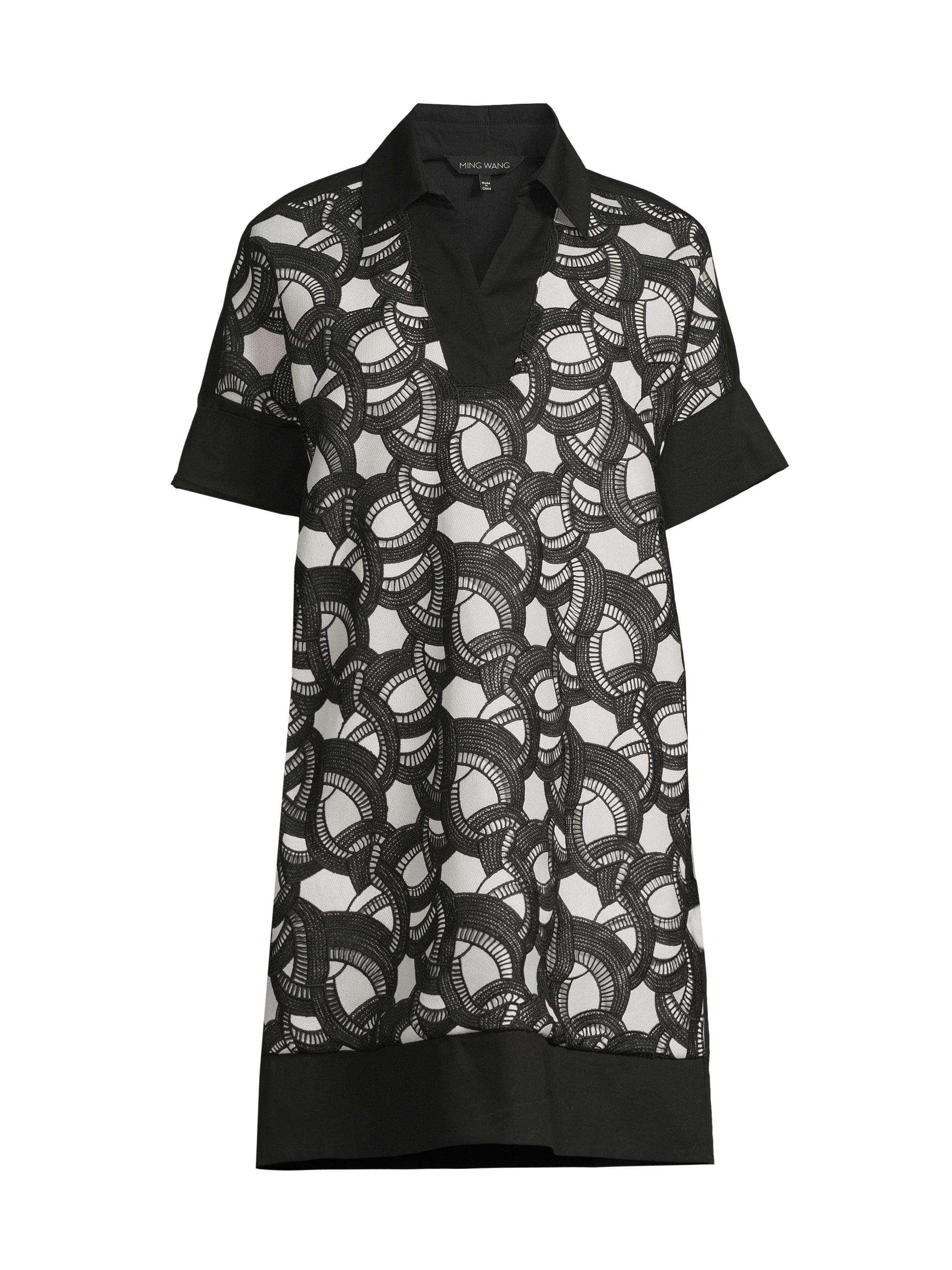 Ming Wang Women's Mixed-Media Lace Shirtdress - Black White