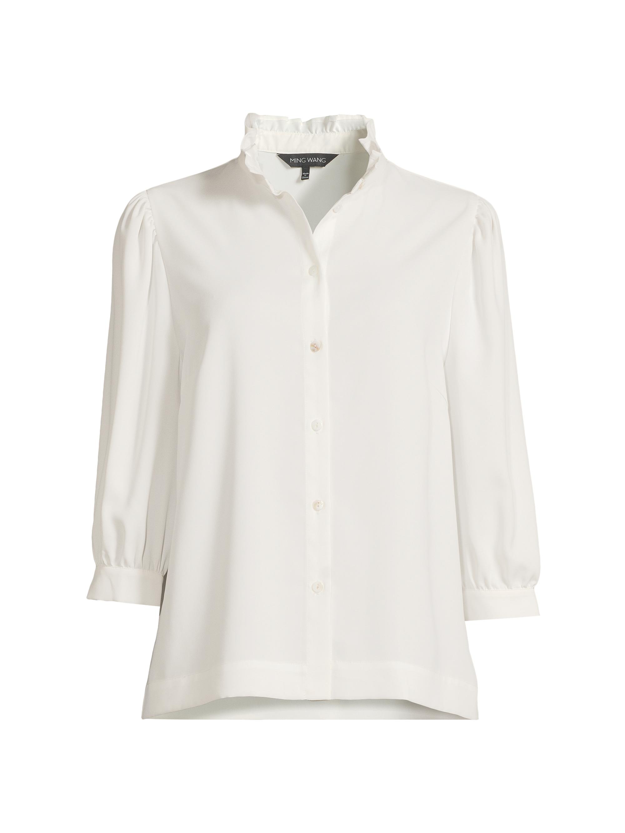 Ming Wang Women's Ruffle Neck Crépe Blouse - White