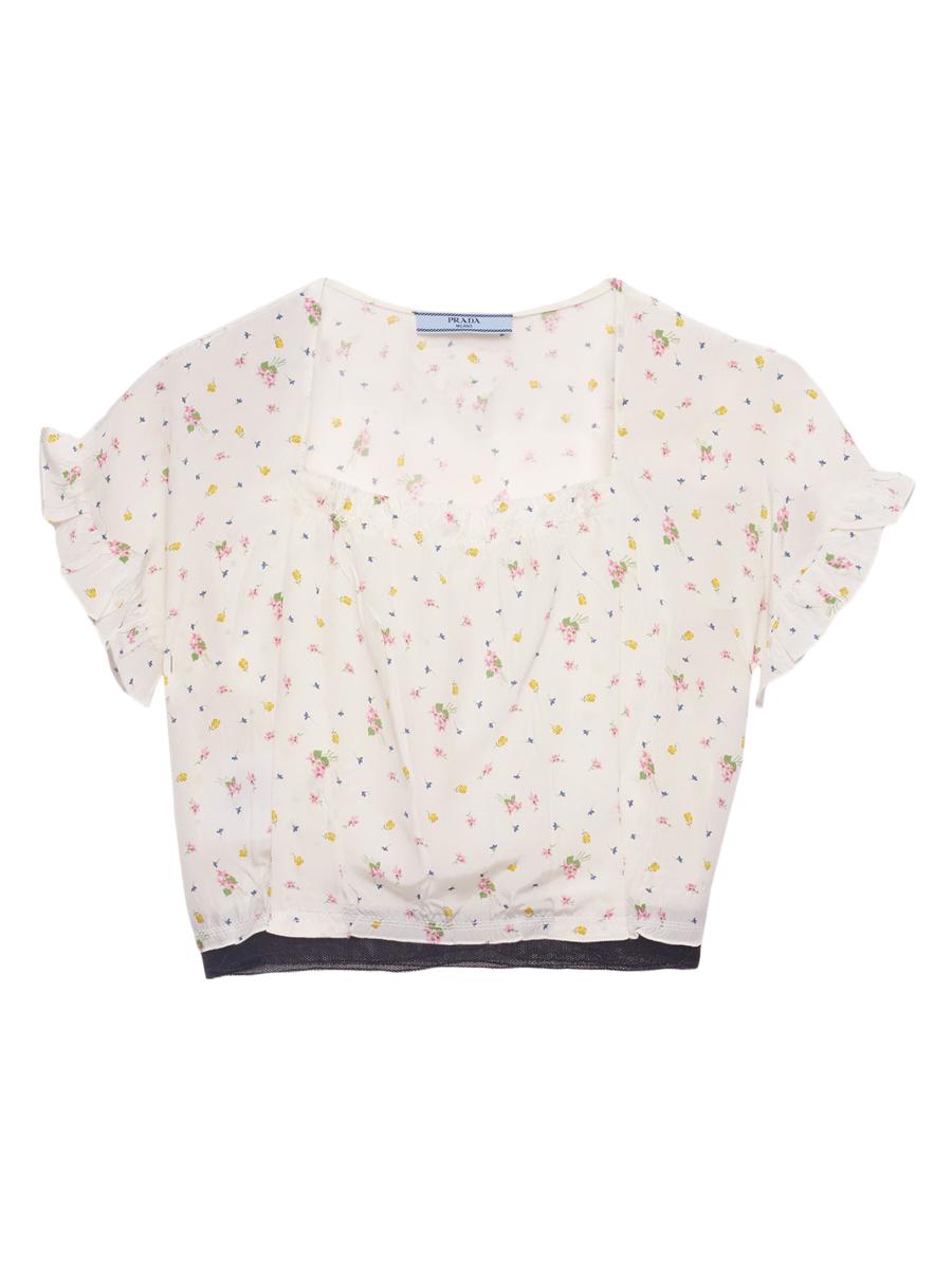Prada Short-Sleeved Floral Print Pongé Crop Top | Saks Fifth