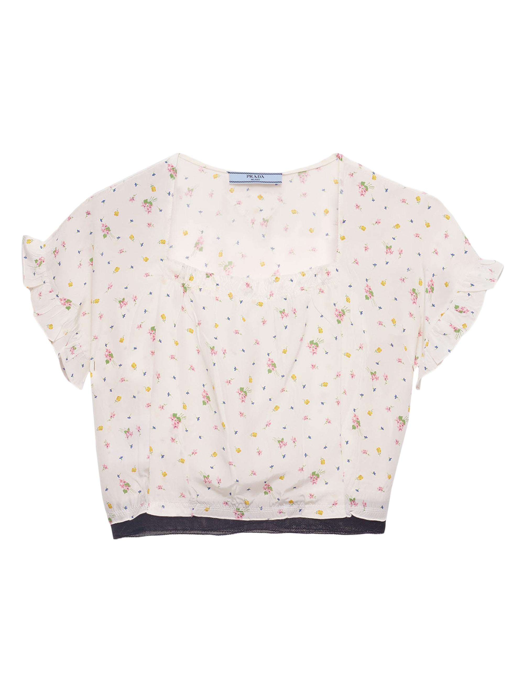 Prada Women's Short-Sleeved Floral Print Pongé Crop Top - White