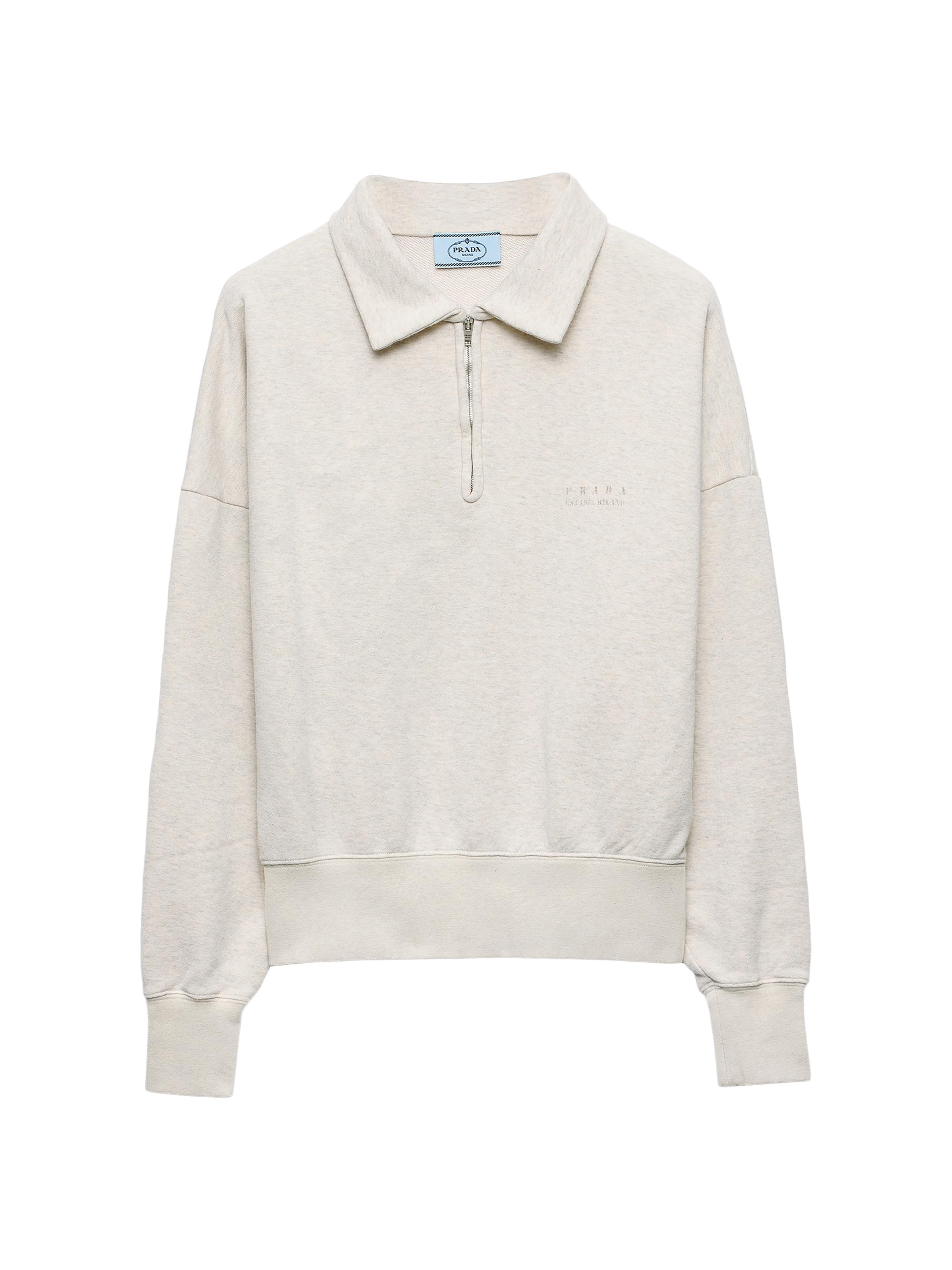 Prada Women's Long-Sleeved Cotton Fleece Polo Shirt - Beige Khaki