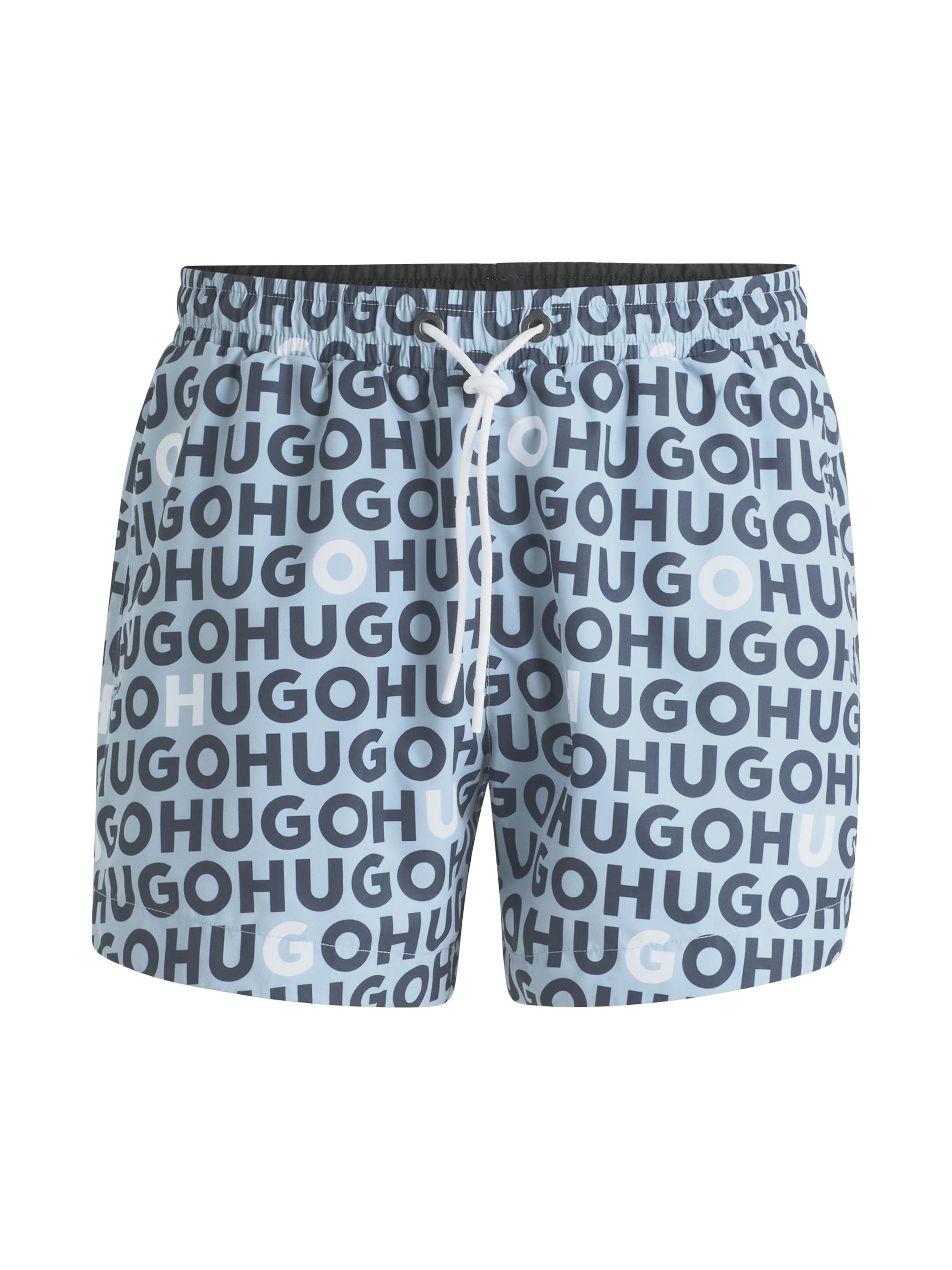 HUGO Men's Logo-Print Swim Shorts with Drawcord - Blue