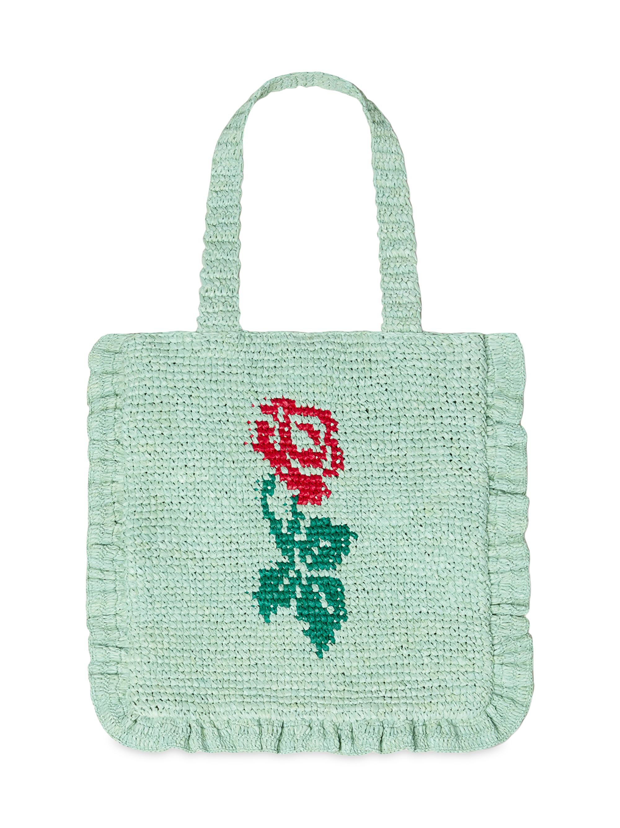 Loeffler Randall Women's Justine Flower Crochet Ruffle Tote - Mint Red Green