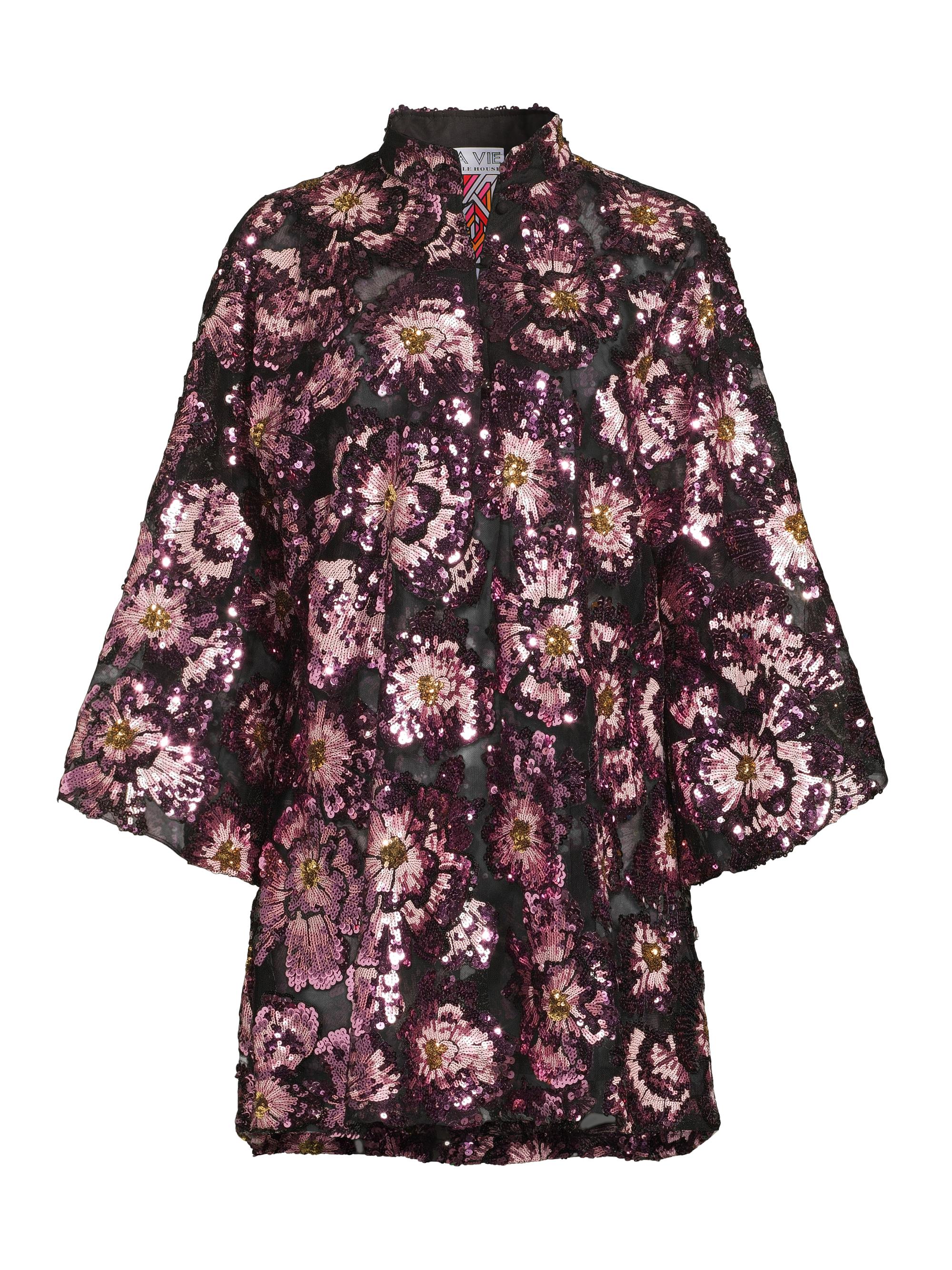 La Vie Style House Women's Floral-Sequined Chiffon Oversized Mini Caftan - Purple Black