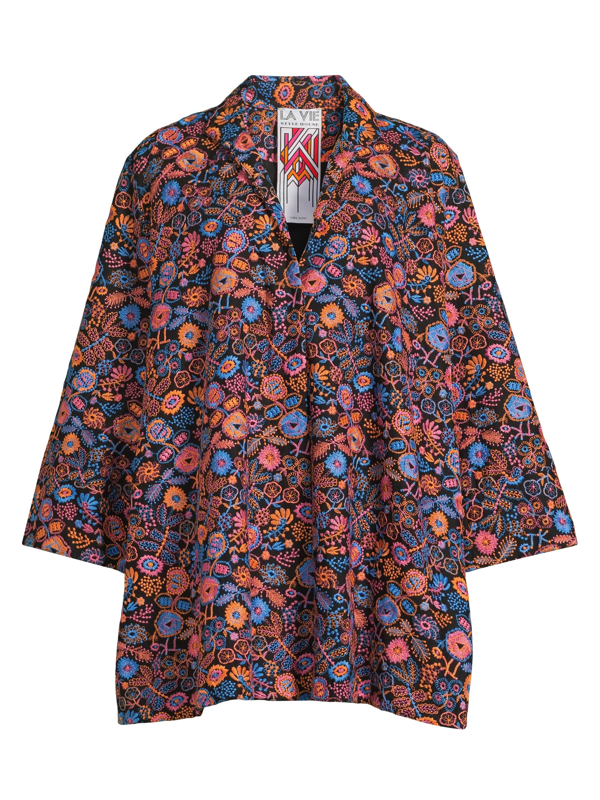 La Vie Style House Women's Floral-Embroidered Oversized Minidress - Black Multi