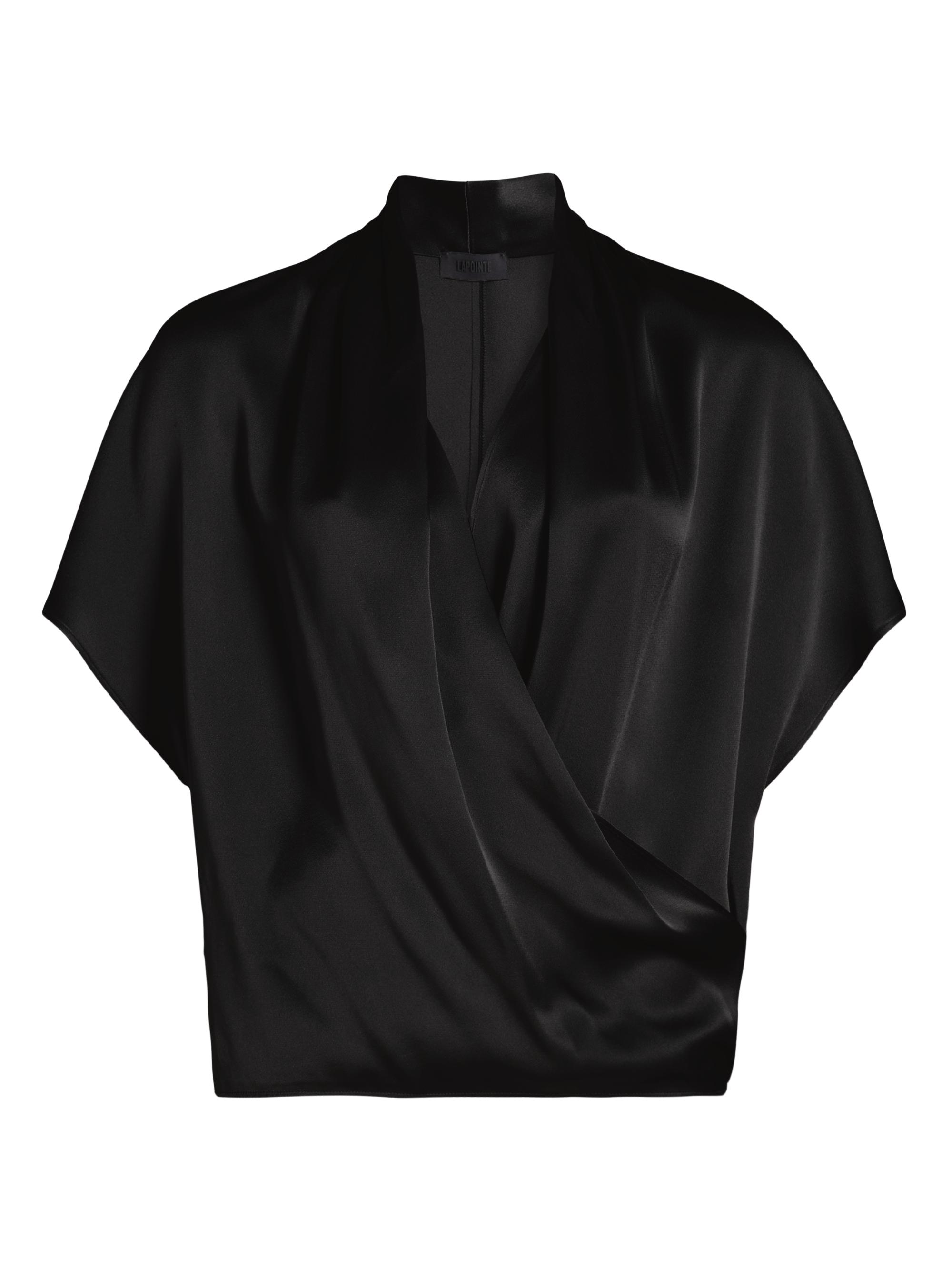 LaPointe Women's Satin Short Sleeve Wrap Top - Black