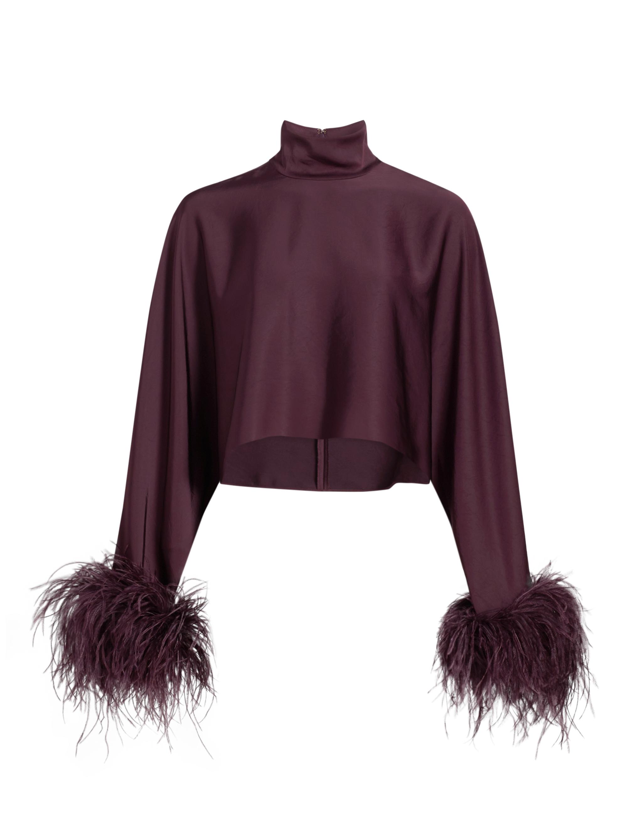 LaPointe Women's Feather Trim Satin Long-Sleeve Crop Top - Mulberry