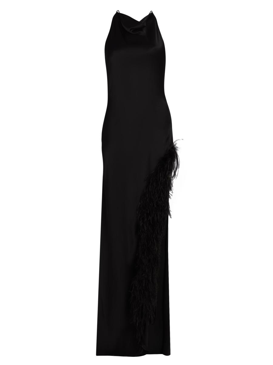 Lapointe Women's Feather Trim Satin Column Gown In Black