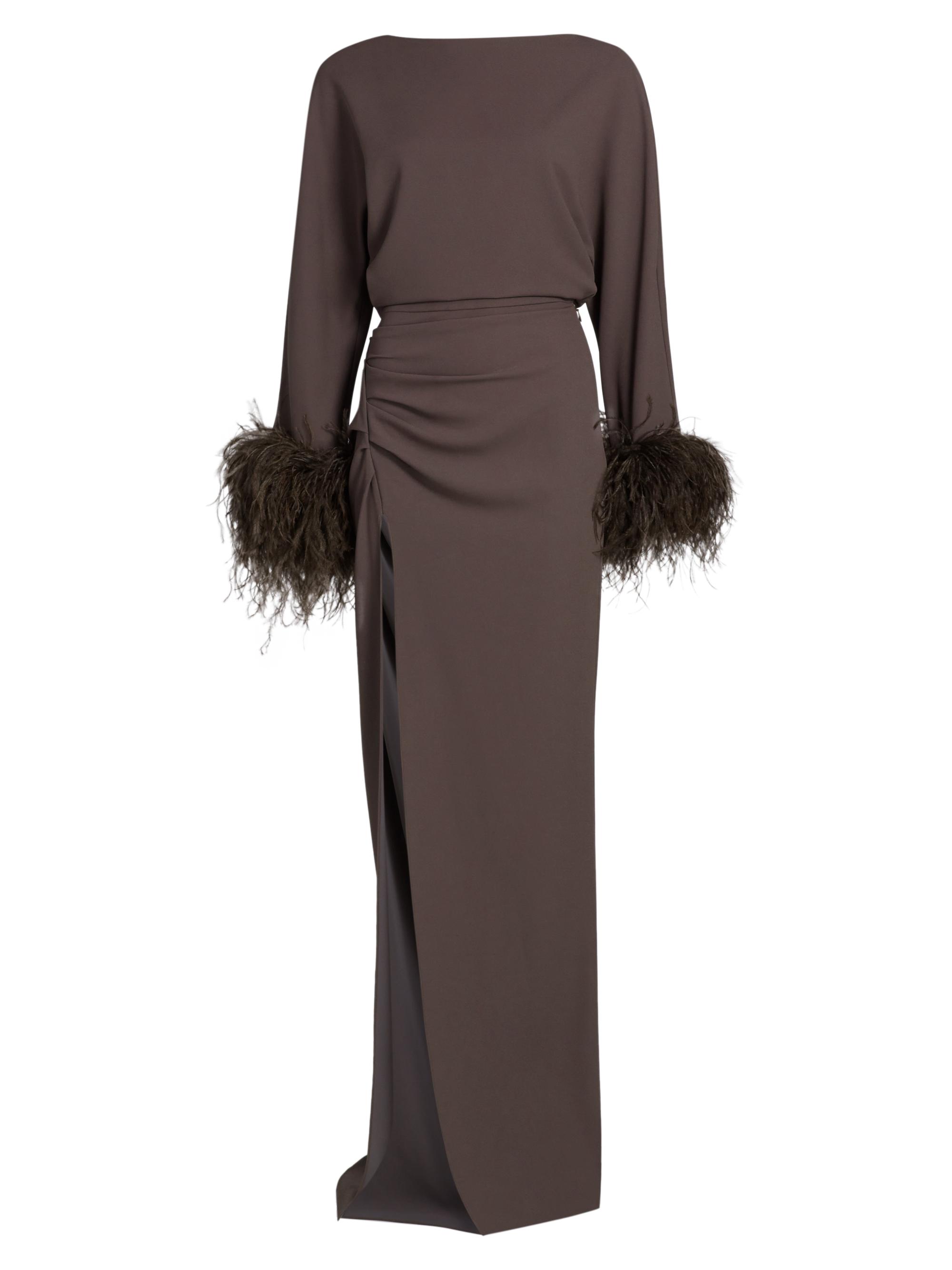 LaPointe Women's Feather Trim Crepe Long-Sleeve Maxi Dress - Mocha