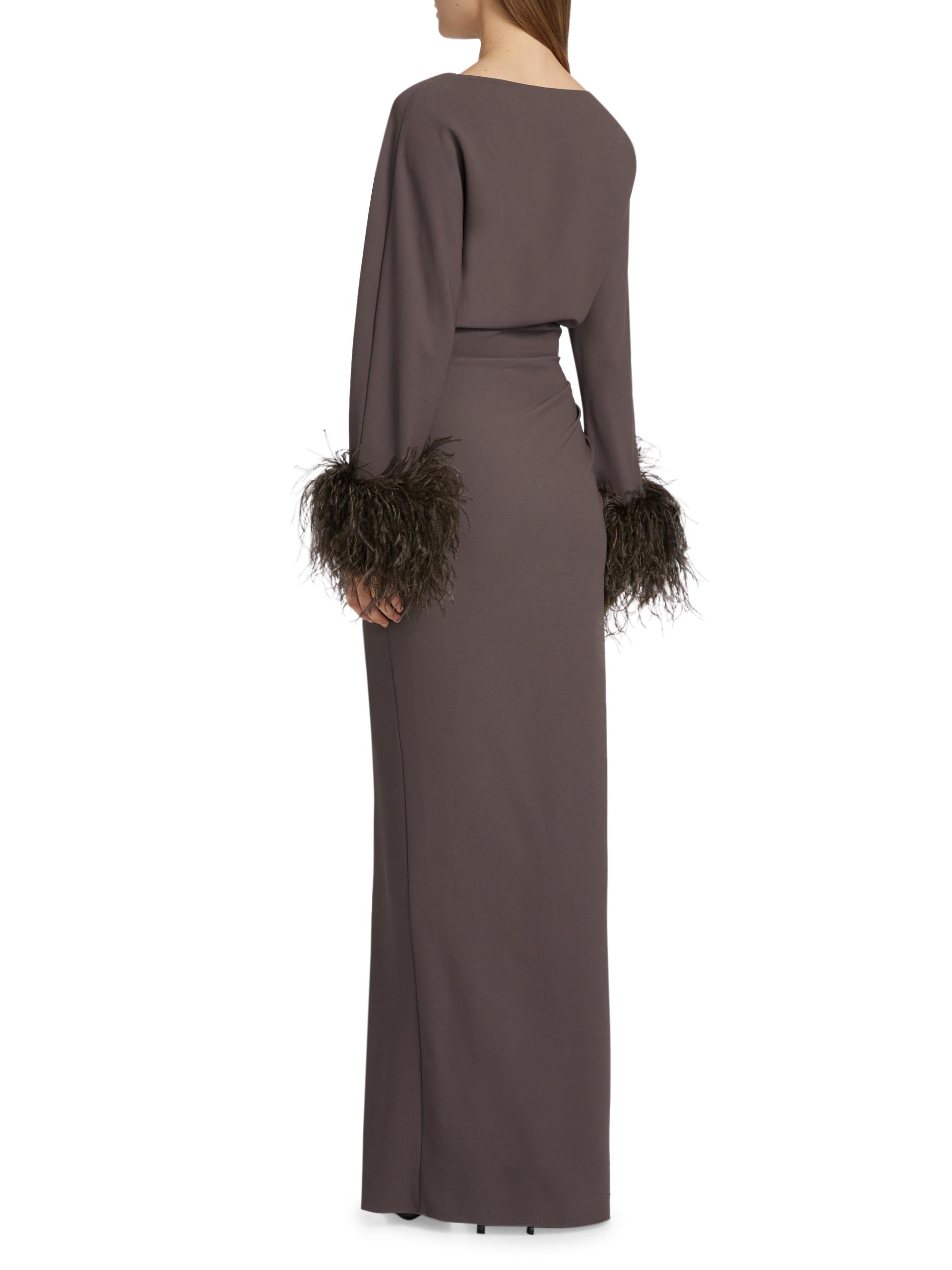 LaPointe Feather Trim Crepe Long-Sleeve Maxi Dress Saks Fifth Avenue