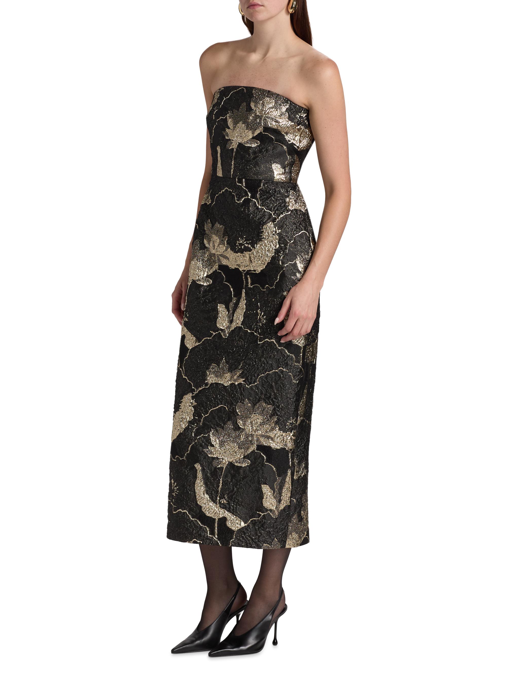knee length dresses for ladies Mac Duggal Satin Printed Strapless Midi Dress main image 0