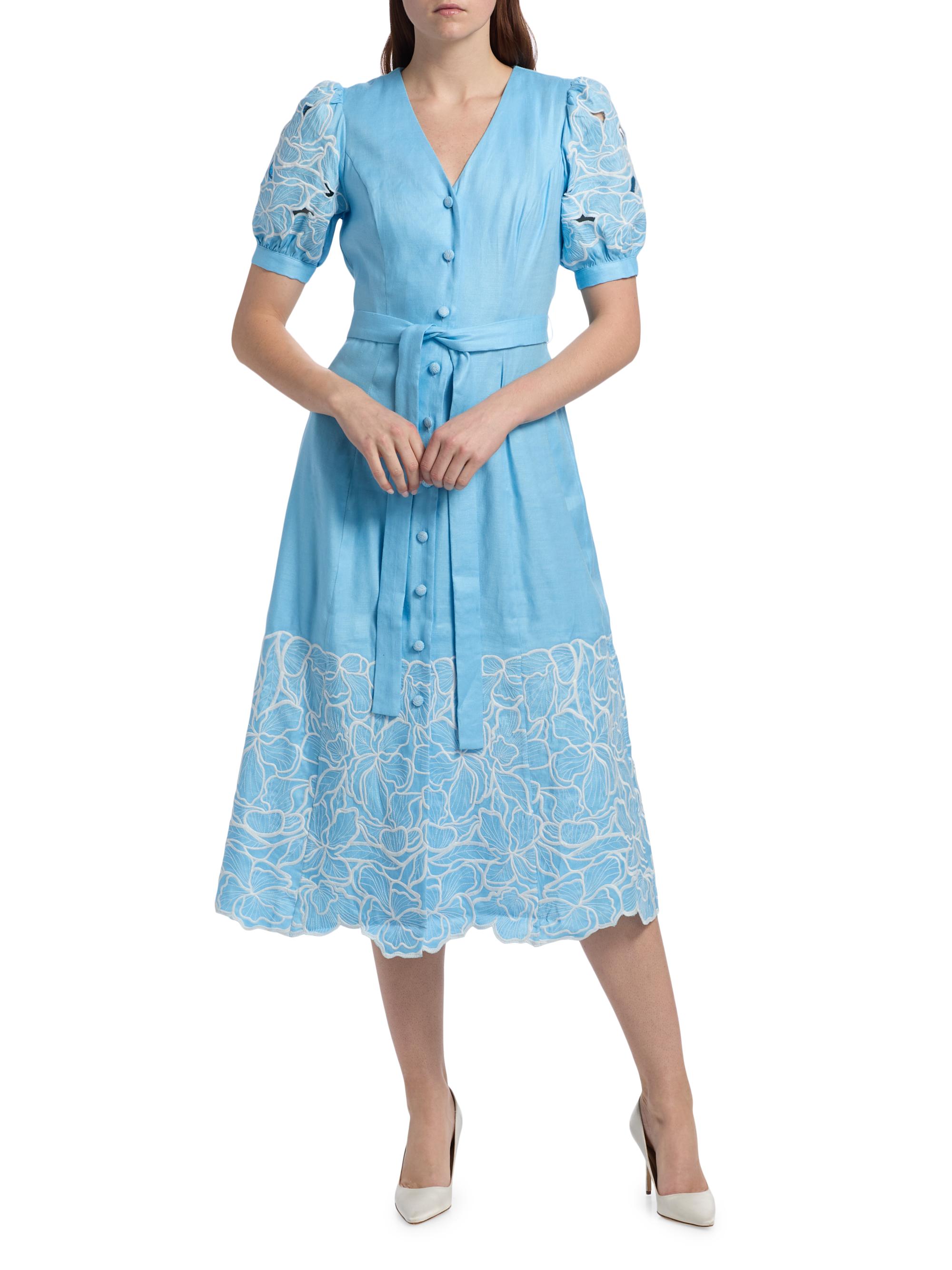 Elie Tahari Women's The Jade Linen Embroidered Midi-Dress - Water Drop - Size 6