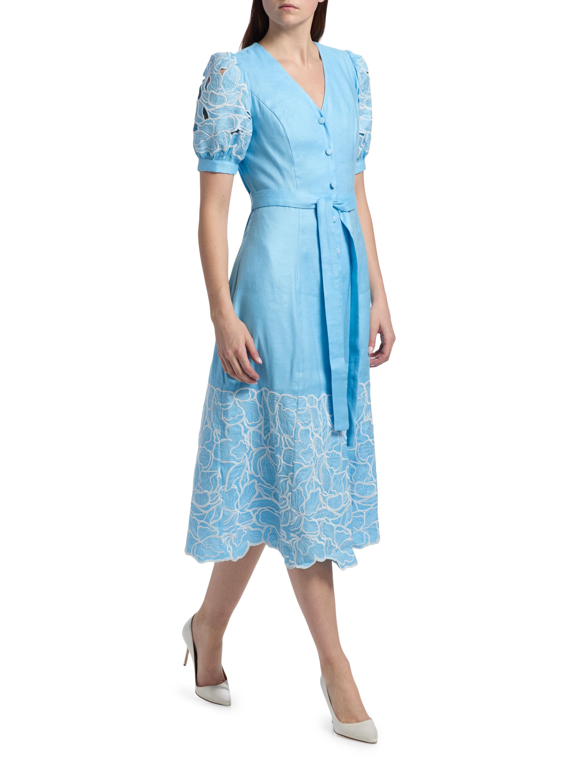 Elie Tahari Women's The Jade Linen Embroidered Midi-Dress - Water Drop - Size 6