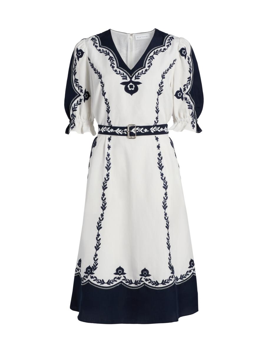 tahari embroidered fit and flare dress Boden Women's Ava Linen Blend Midi Dress in Blue