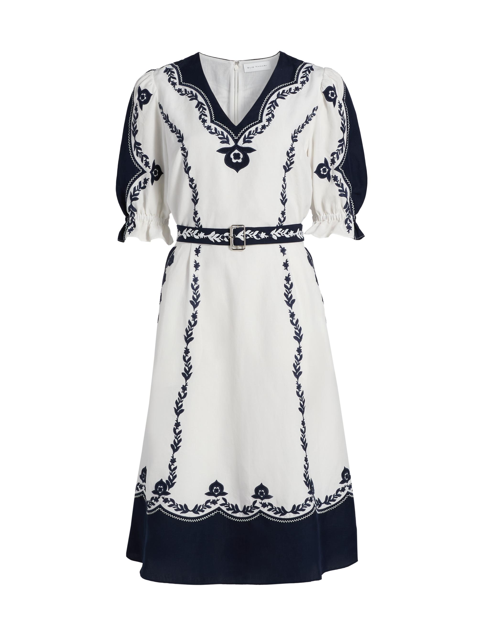 Elie Tahari Women's The Liana Embroidered Dress - Sky White With Navy