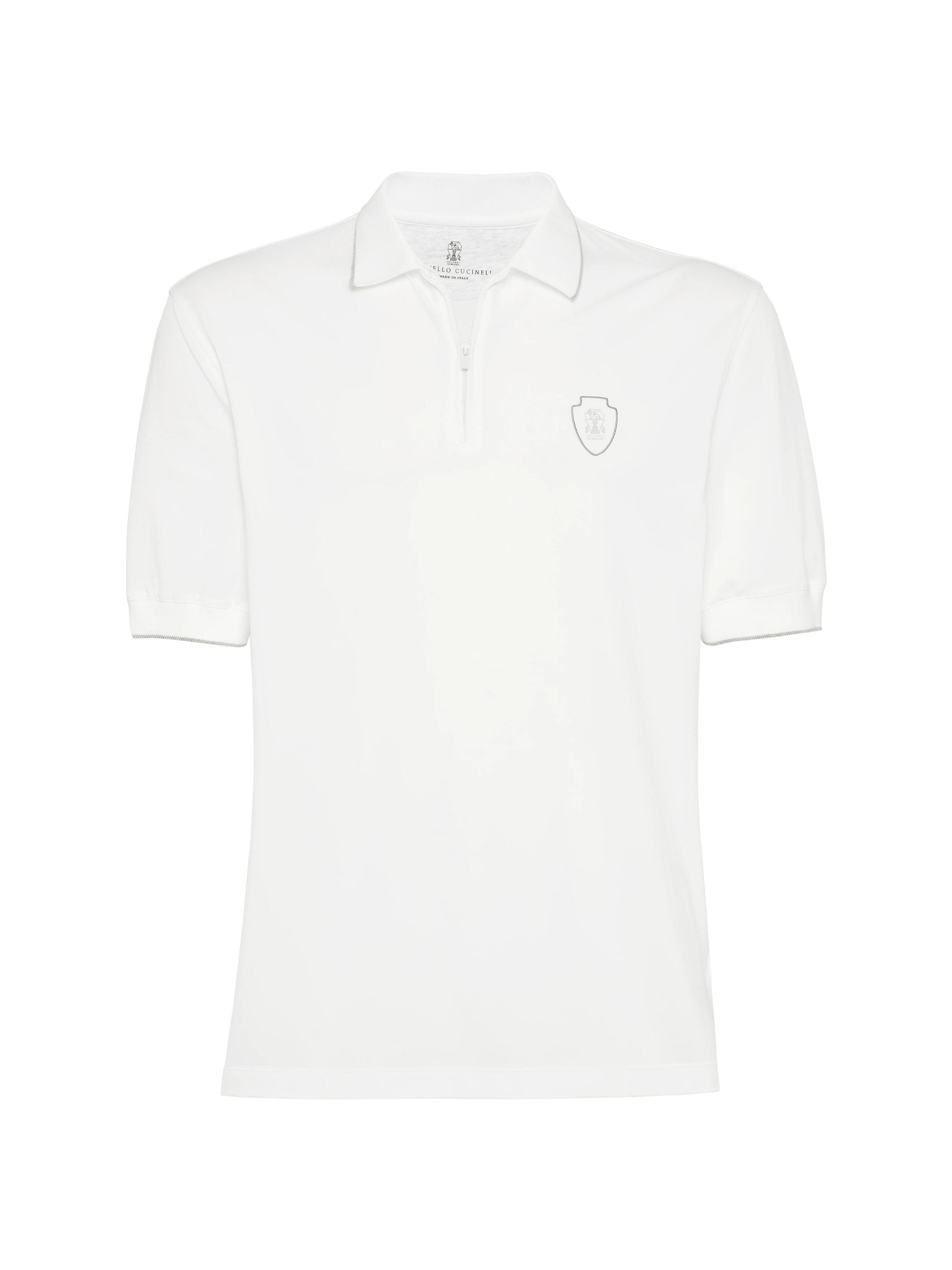 Brunello Cucinelli Men's Techno Piqué Polo Shirt with Half Zip - White