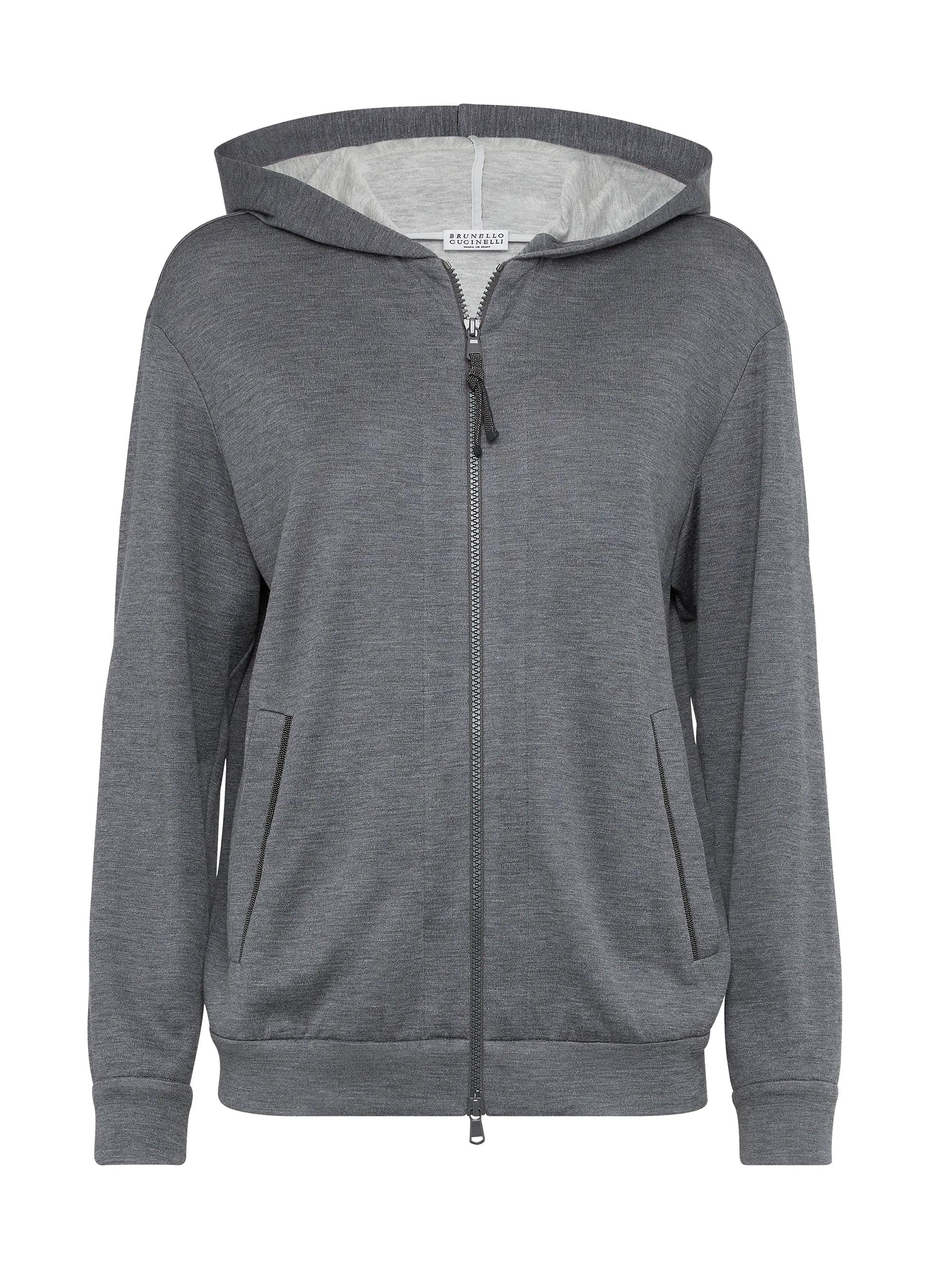 Brunello Cucinelli Women's Cotton and Silk Interlock Hooded Sweatshirt with Precious Zipper Pull - Dark Grey