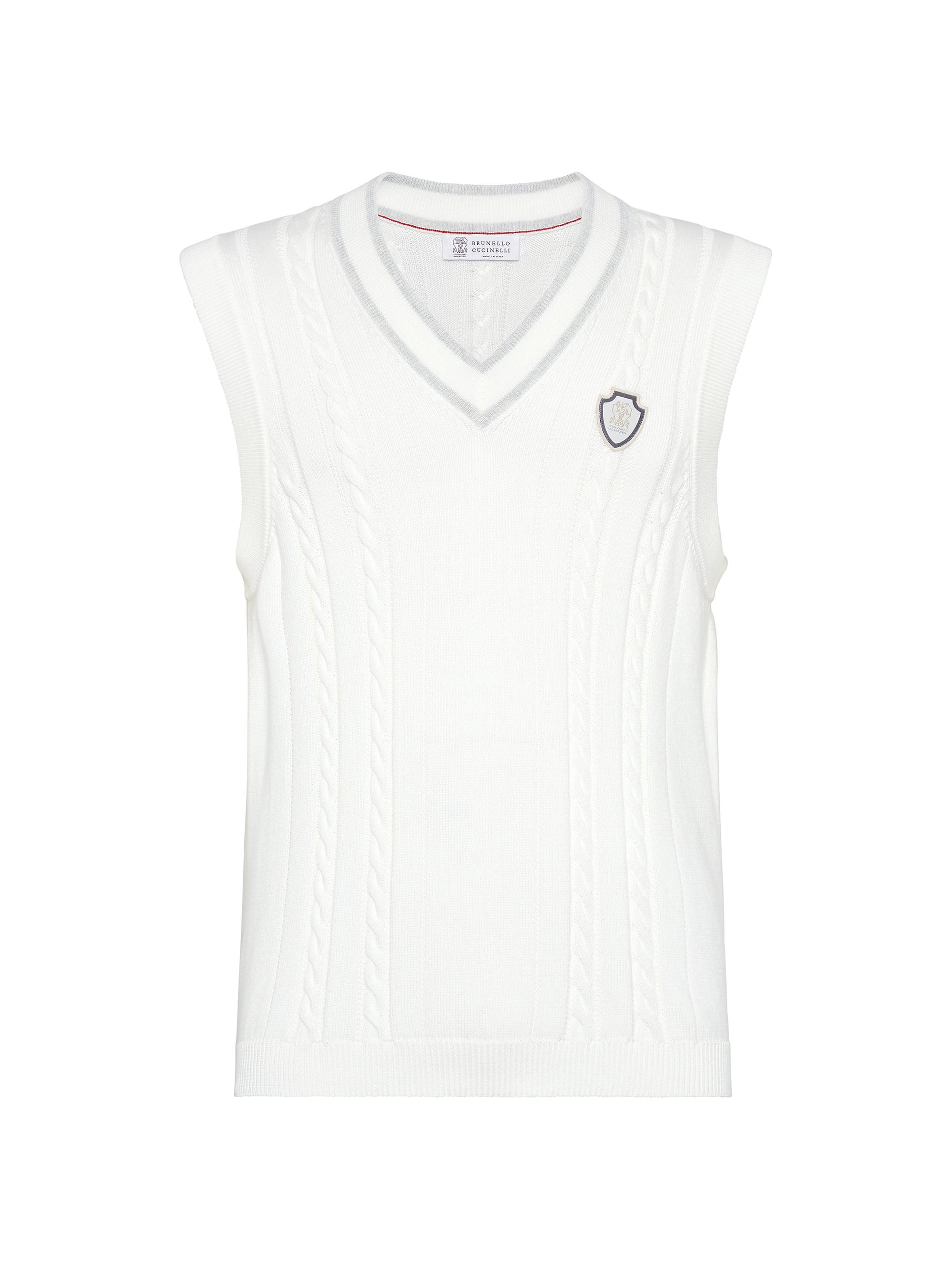 Brunello Cucinelli Men's Cotton Cable Knit Sweater Vest with Logo - Panama