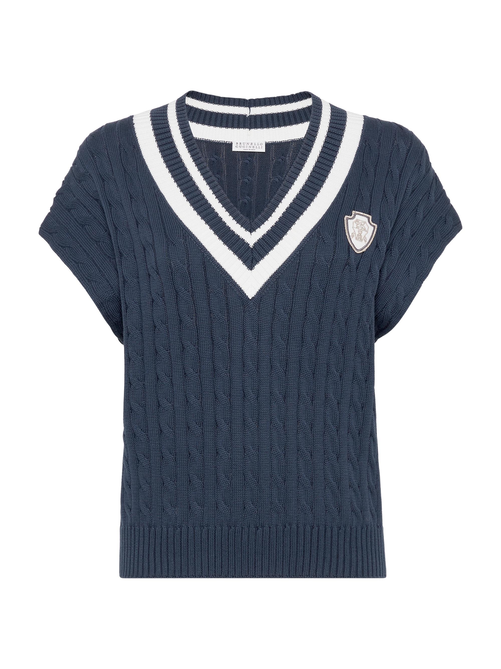 Brunello Cucinelli Women's Cotton Cable Knit T-Shirt with Logo - Blue