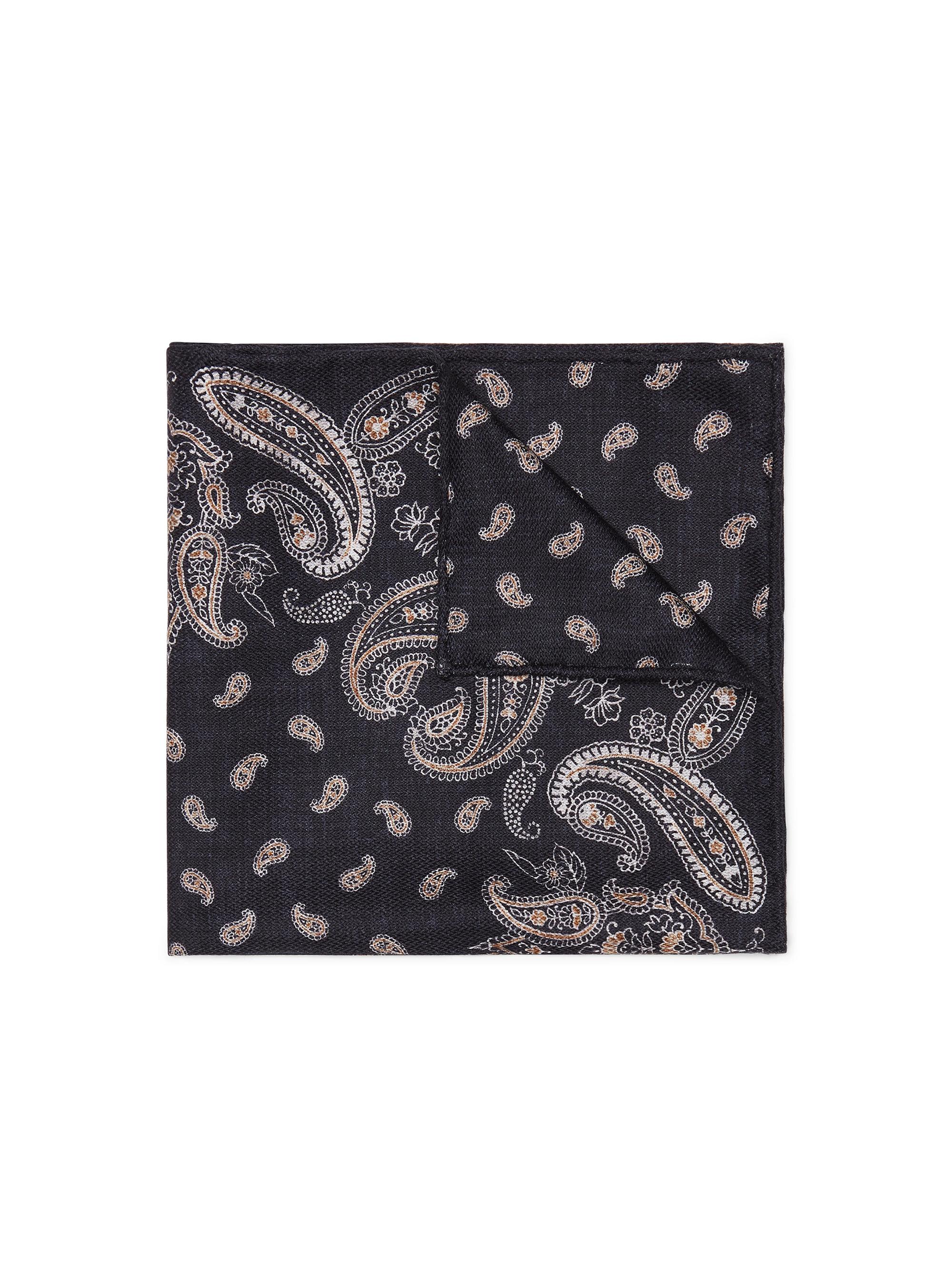 Brunello Cucinelli Men's Silk Pocket Square with Paisley Design - Black