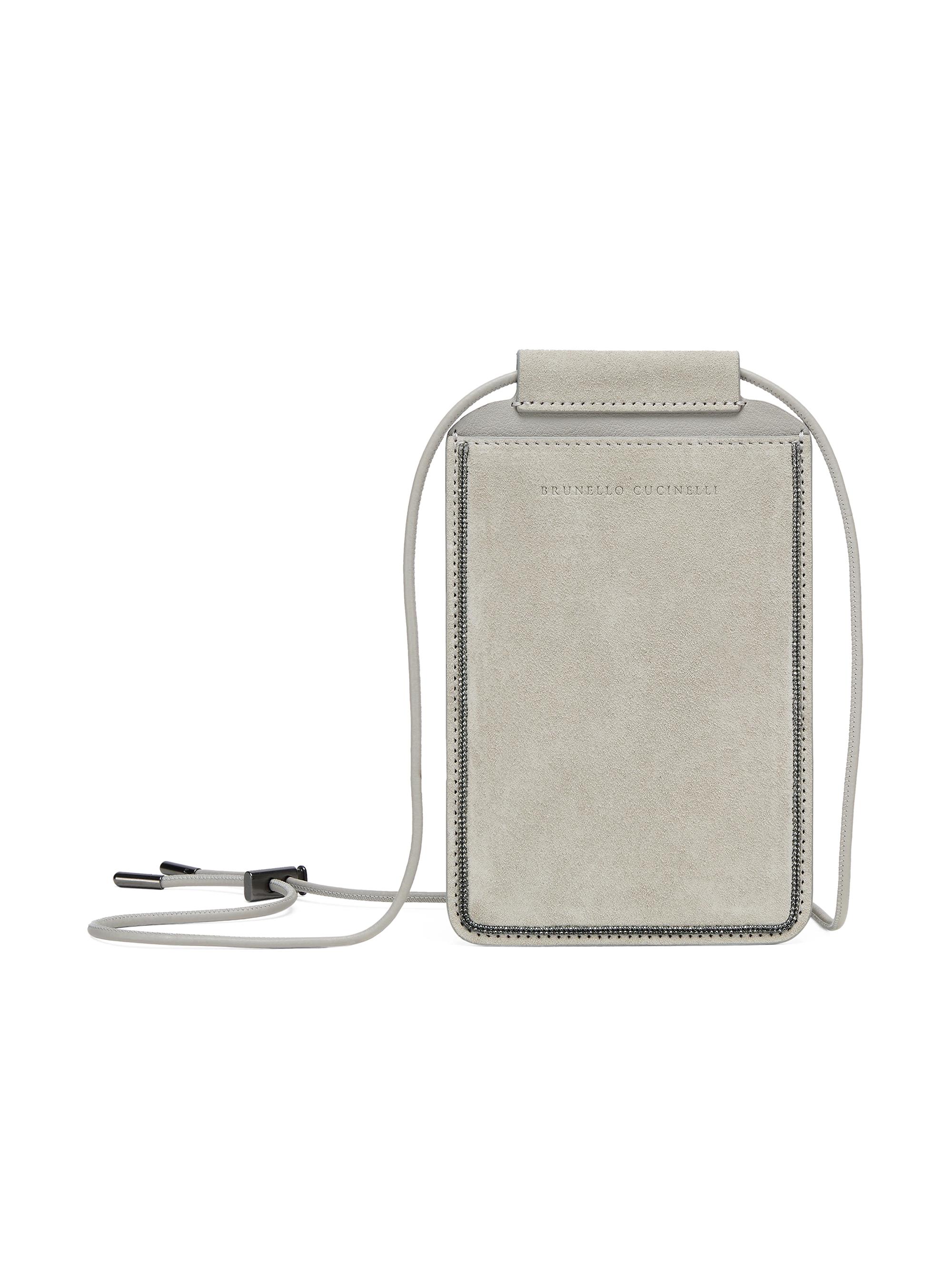 Brunello Cucinelli Women's Suede Phone Bag with Shiny Trim - Cool Beige