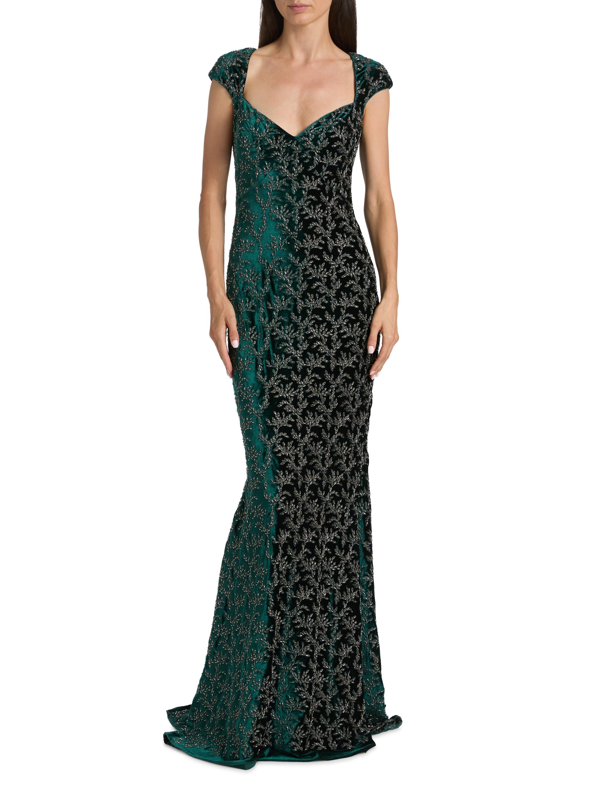 Theia Women's Zoelle Beaded Velvet Fit-&-Flare Gown - Emerald Gunmetal - Size 8