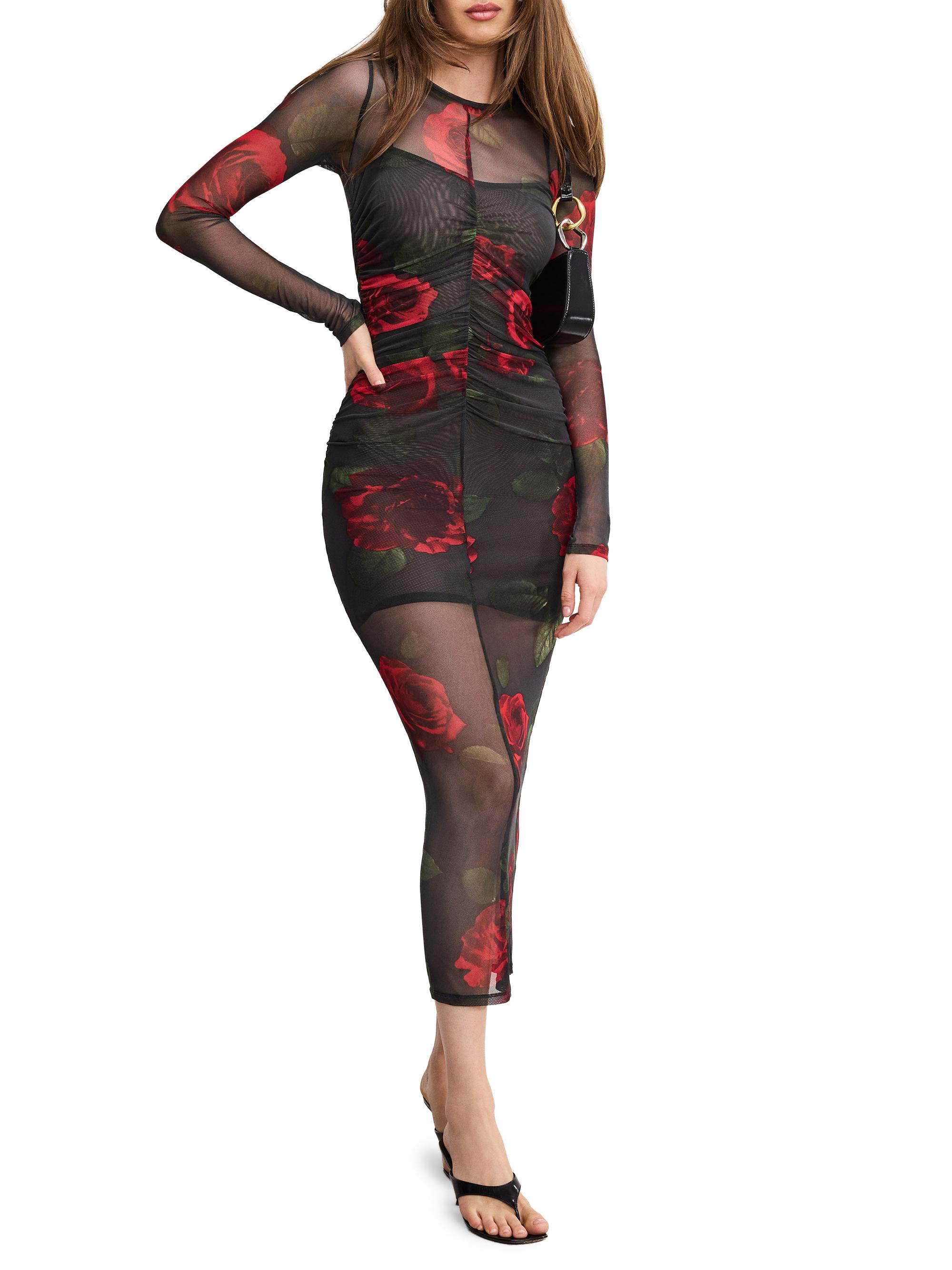 Good American Women's Floral Ruched Mesh Maxi Dress - Moody Red Roses