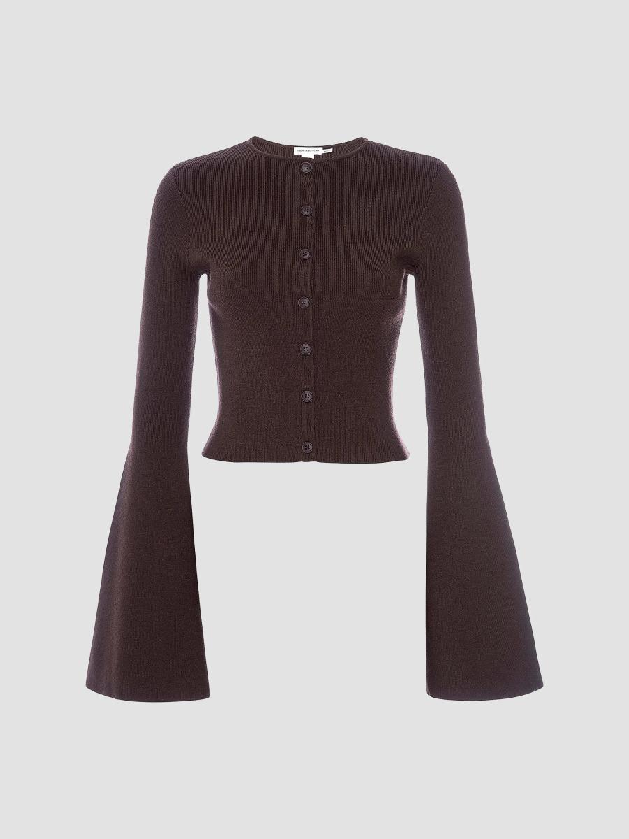 Good American Crewneck Rib-Knit Bell-Sleeve Cardigan | Saks Fifth