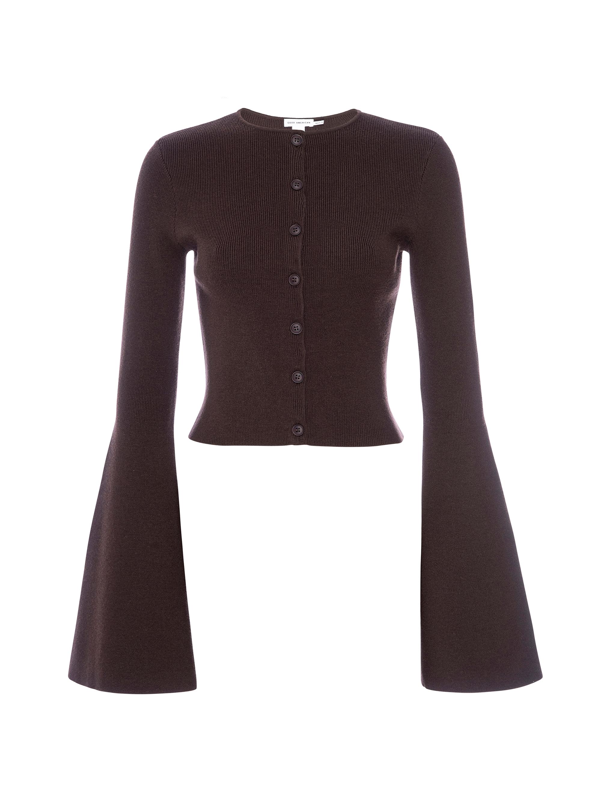 Good American Women's Crewneck Rib-Knit Bell-Sleeve Cardigan - Bark